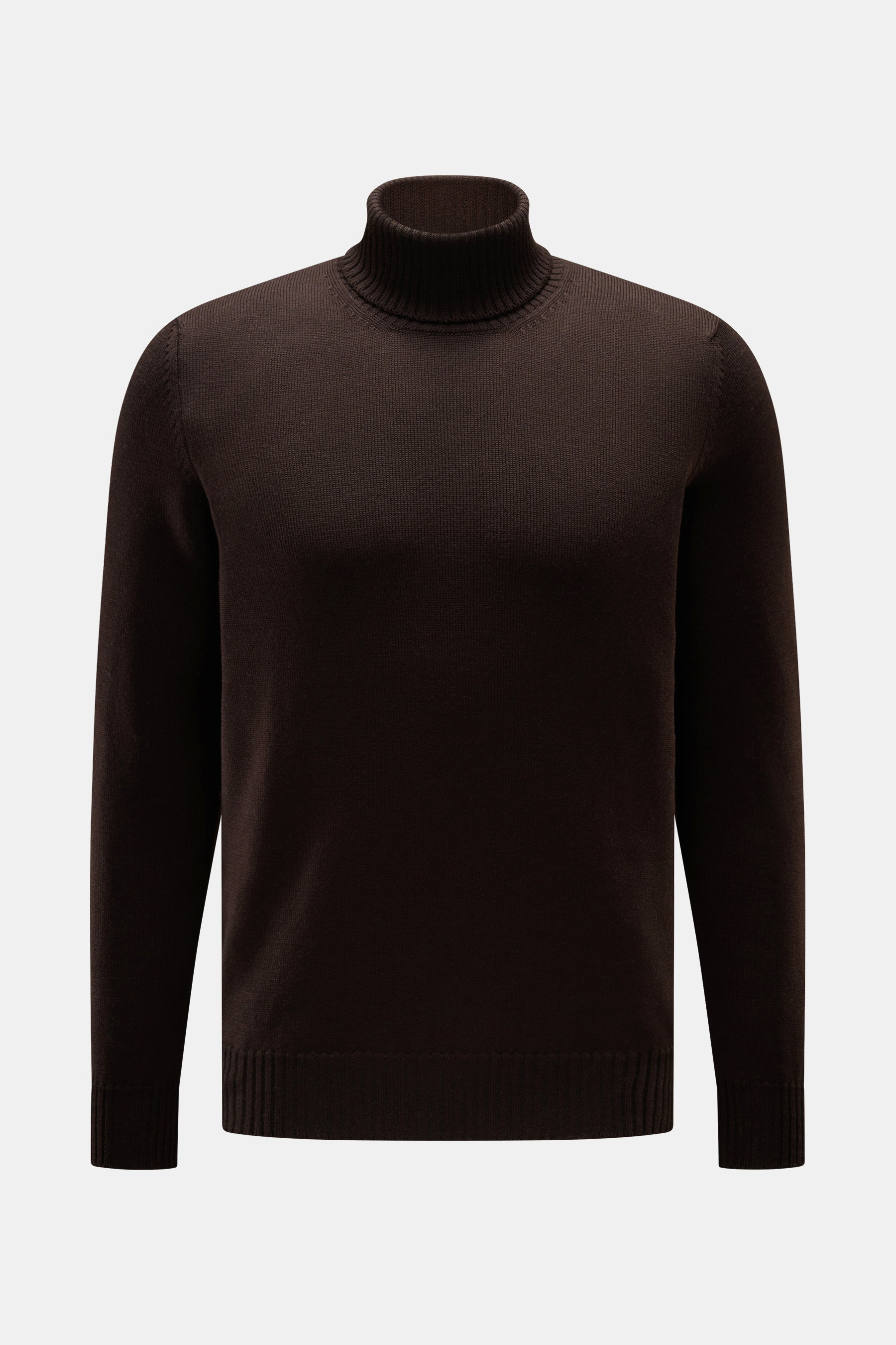 Gran Sasso Rollkragenpullover dunkelbraun, frontale Nahaufnahme, Slim Fit, reine Schurwolle, weicher Griff, mittelfeines Strickbild, anliegender Rollkragen, Rippbündchen