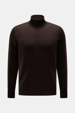 Gran Sasso Rollkragenpullover dunkelbraun, frontale Nahaufnahme, Slim Fit, reine Schurwolle, weicher Griff, mittelfeines Strickbild, anliegender Rollkragen, Rippbündchen