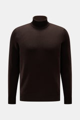 Gran Sasso Rollkragenpullover dunkelbraun, frontale Nahaufnahme, Slim Fit, reine Schurwolle, weicher Griff, mittelfeines Strickbild, anliegender Rollkragen, Rippbündchen