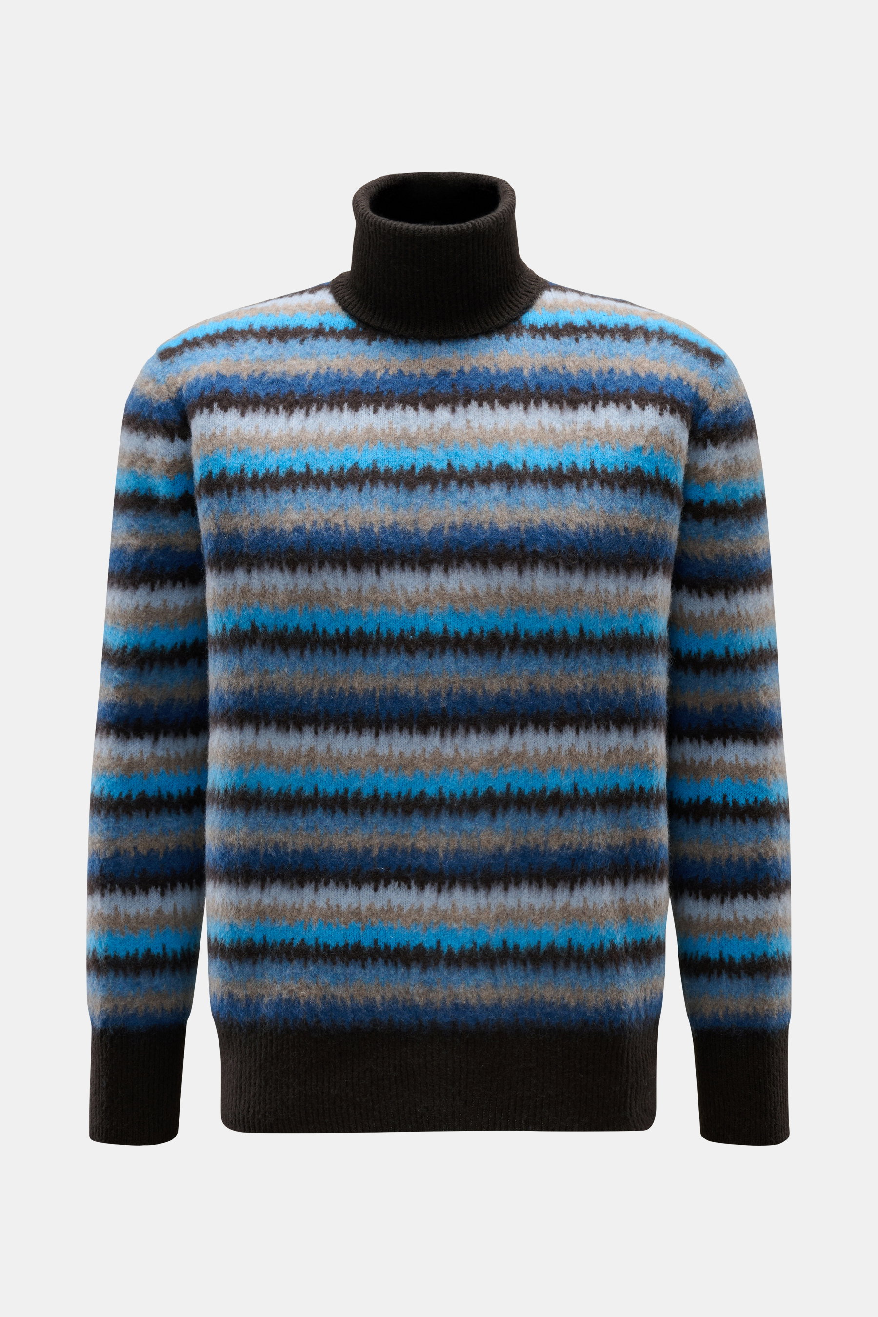Piacenza 1733 Cashmere Rollkragenpullover dunkelbraun/blau/beige gestreift, frontal fotografiert, reiner Cashmere, weicher Griff, Zickzack-Streifen, mittelfein, Regular Fit, anliegender Rollkragen, breite Rippbündchen.
