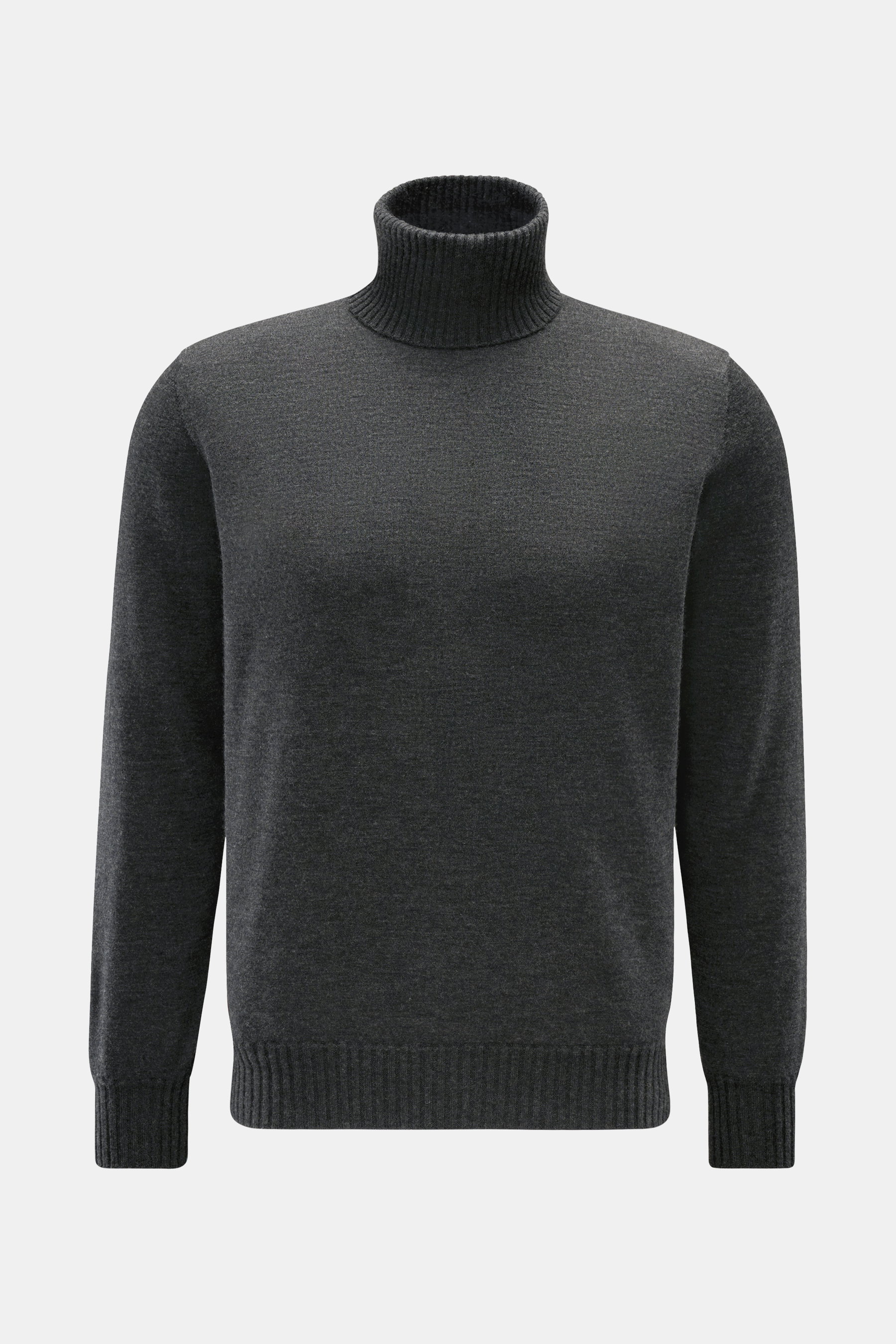 Fioroni Cashmere Rollkragenpullover anthrazit meliert, Slim Fit, reiner Cashmere, weicher Griff, feines Strickbild, Rippstrick-Rollkragen, flexible Bündchen, frontale Nahaufnahme.