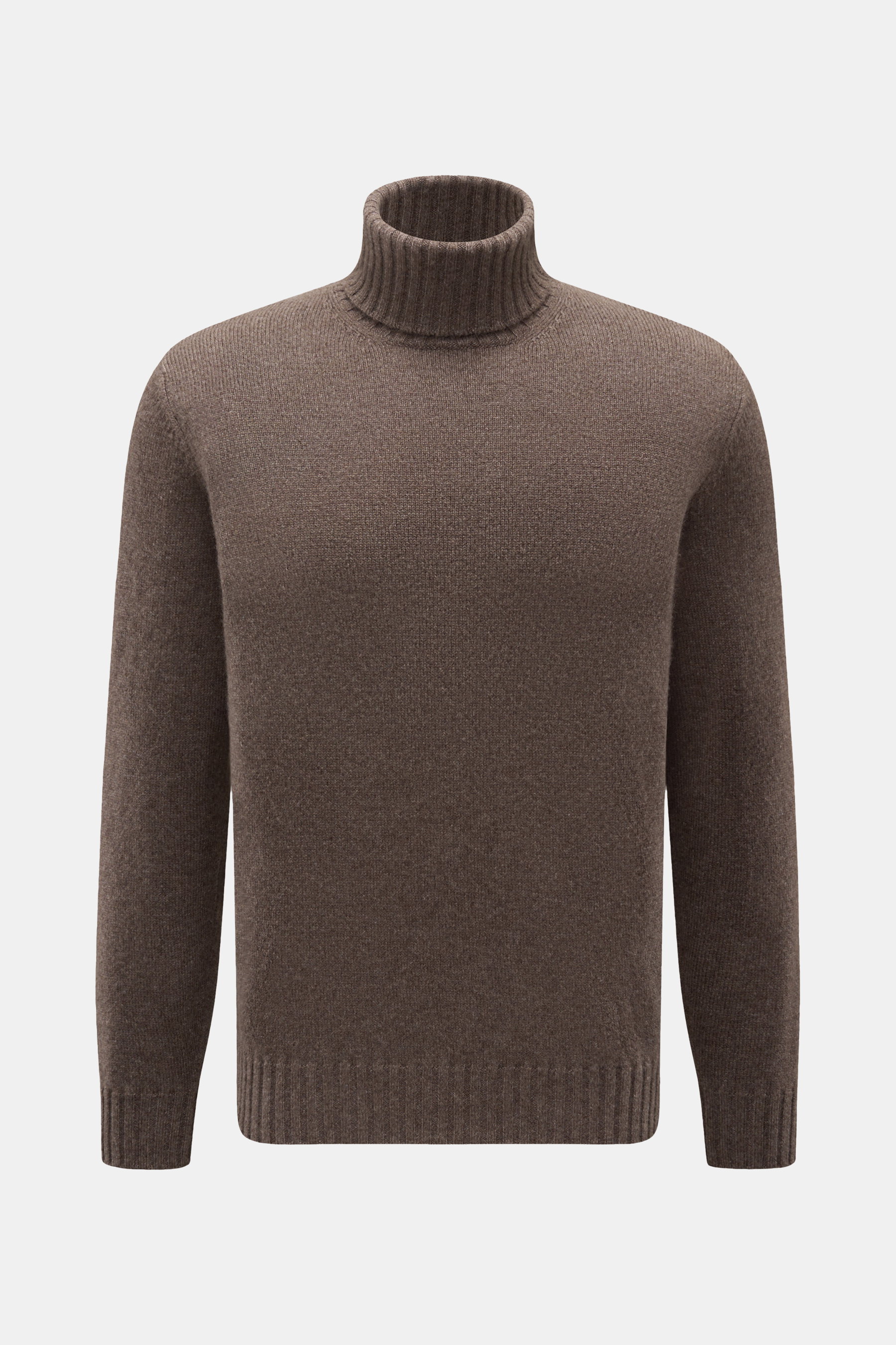Filippo de Laurentiis Cashmere Rollkragenpullover graubraun meliert, frontale Aufnahme, feiner Strick, reiner Cashmere, weicher Griff, Regular Fit, Rippkragen und Bündchen.