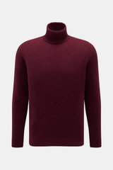 Filippo de Laurentiis Rollkragenpullover bordeaux, frontal fotografiert, Slim Fit, mittelfeines Strickbild, weicher Griff, Mix aus Cashmere, Seide, Microfaser, anliegender Kragen, flexible Rippbündchen.