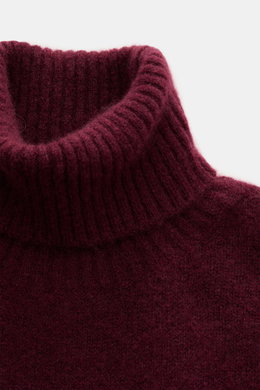 Filippo de Laurentiis Rollkragenpullover bordeaux, Nahaufnahme von oben, Slim Fit, mittelfeines Strickbild, weicher Griff, Mix aus Cashmere, Seide, Microfaser, anliegender Rollkragen, flexible Rippbündchen.