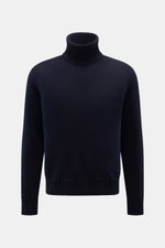 Lunaria Cashmere Cashmere Rollkragenpullover navy, mittelfein, Slim Fit, weicher Griff, Rippstrick-Rollkragen und Bündchen, frontal fotografiert.