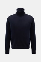 Lunaria Cashmere Cashmere Rollkragenpullover navy, mittelfein, Slim Fit, weicher Griff, Rippstrick-Rollkragen und Bündchen, frontal fotografiert.