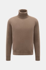 Lunaria Cashmere Cashmere Rollkragenpullover graubraun, frontal fotografiert, Slim Fit, weicher Griff, mittelfeines Strickbild, Rippstrick-Rollkragen und Rippbündchen für Komfort.