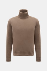 Lunaria Cashmere Cashmere Rollkragenpullover graubraun, frontal fotografiert, Slim Fit, weicher Griff, mittelfeines Strickbild, Rippstrick-Rollkragen und Rippbündchen für Komfort.