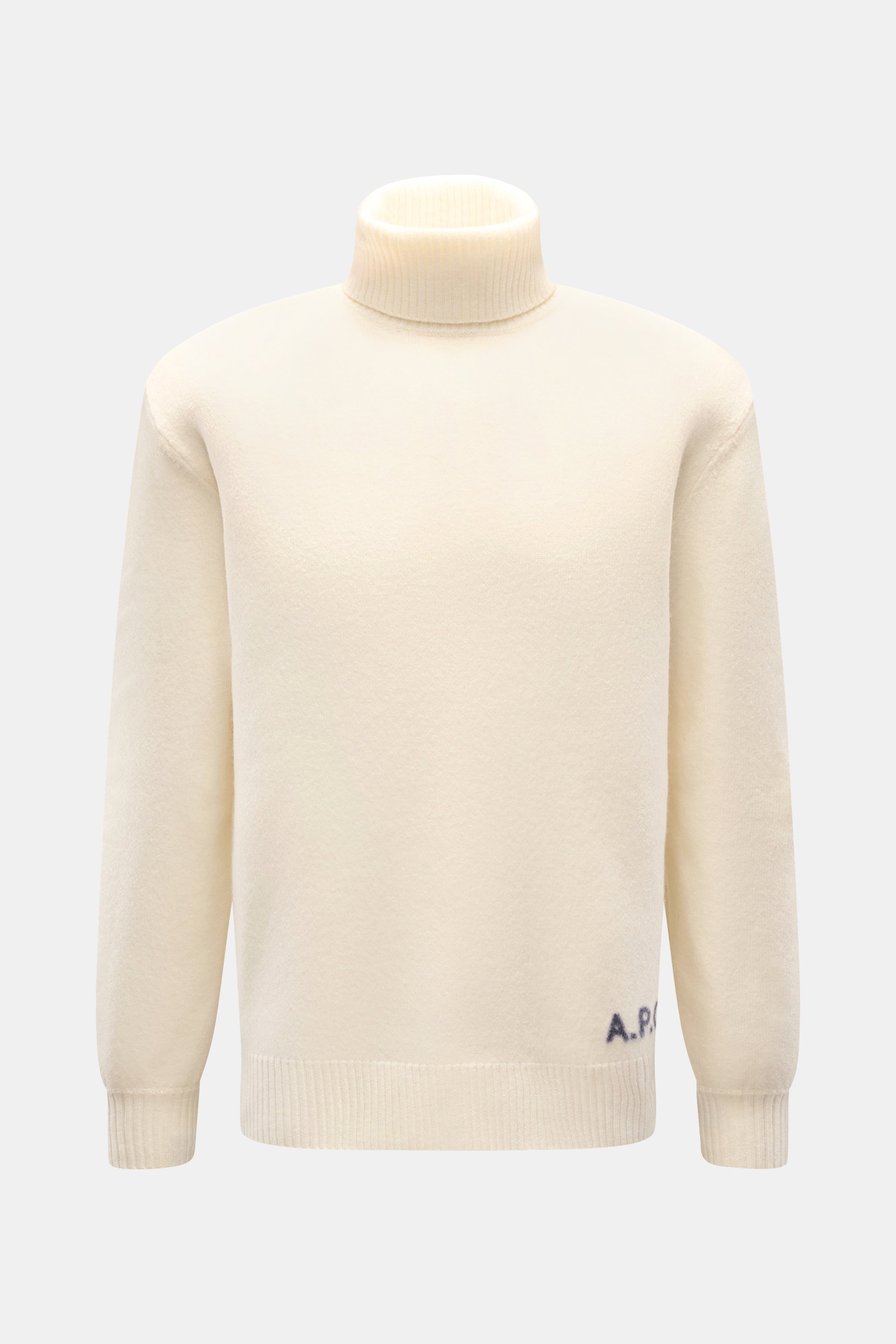 A.P.C. Rollkragenpullover 'Walter' creme, frontale Ansicht, reine Wolle, weicher Griff, mittelfeines Strickbild, Regular Fit, anliegender Rollkragen aus Rippstrick, flexible Rippbündchen, dezentes Logo auf Vorderseite.