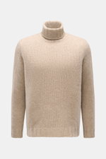 Fedeli Rollkragenpullover 'Derby' beige meliert, Frontansicht, grobes Strickbild, Regular Fit, Mix aus Cashmere und Seide, weicher Griff, Rippbündchen, Rollkragen.