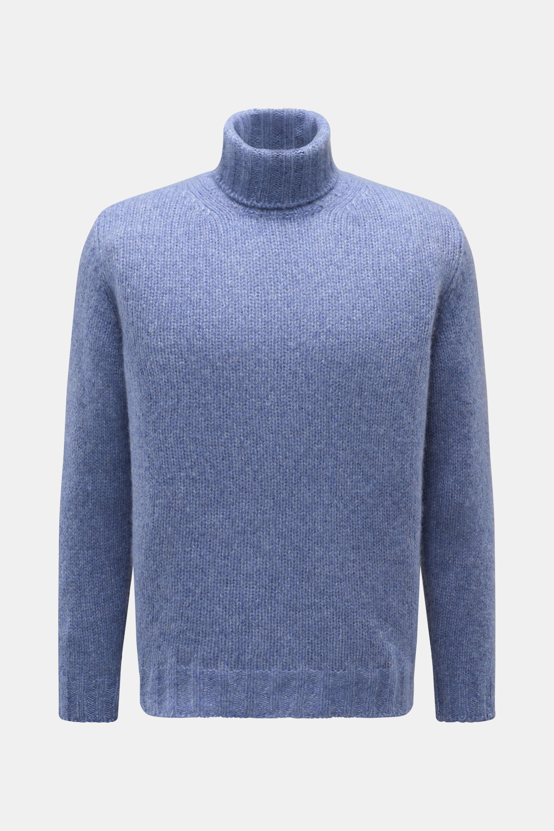 Fedeli Rollkragenpullover 'Derby' rauchblau meliert, Frontansicht, Mix aus Cashmere und Seide, voluminös, grobes Strickbild, Regular Fit, Rollkragen, Rippbündchen.