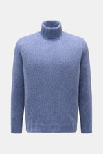 Fedeli Rollkragenpullover 'Derby' rauchblau meliert, Frontansicht, Mix aus Cashmere und Seide, voluminös, grobes Strickbild, Regular Fit, Rollkragen, Rippbündchen.
