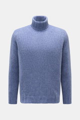 Fedeli Rollkragenpullover 'Derby' rauchblau meliert, Frontansicht, Mix aus Cashmere und Seide, voluminös, grobes Strickbild, Regular Fit, Rollkragen, Rippbündchen.