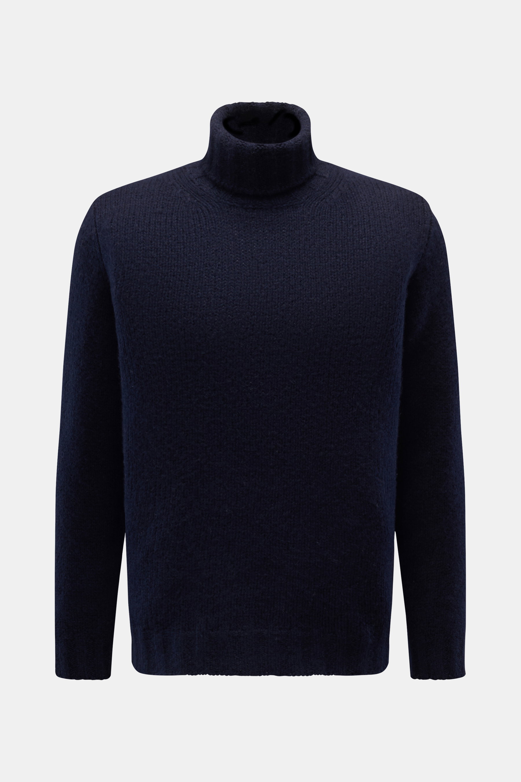Fedeli Rollkragenpullover 'Derby' navy, frontale Ansicht, Mix aus Cashmere und Seide, weicher Griff, grobes Strickbild, Regular Fit, Rollkragen, Rippbündchen.