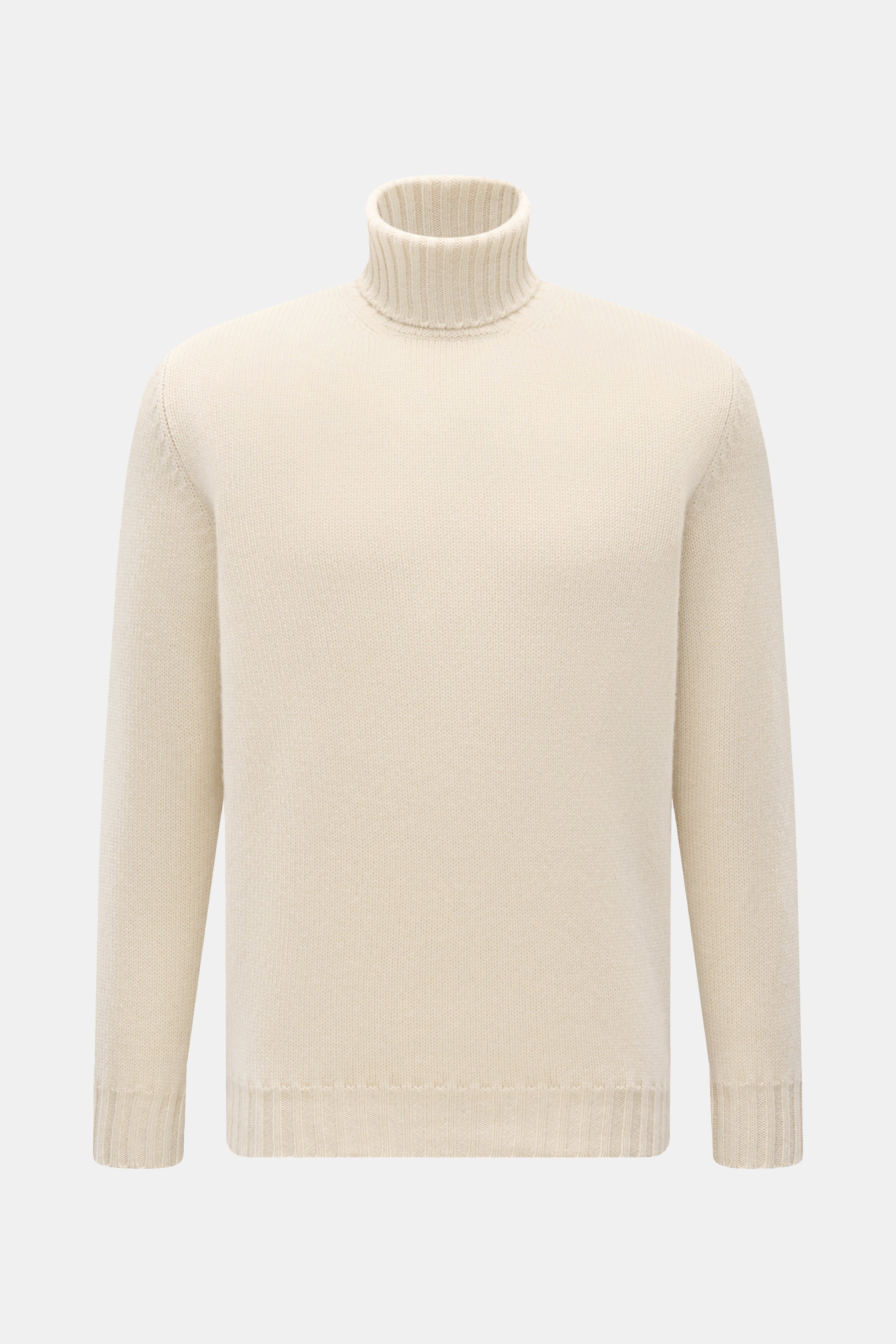 Fedeli Cashmere Rollkragenpullover creme, frontal fotografiert, Slim Fit, mittelfeines Strickbild, weicher Griff, reiner Cashmere, Rippstrick-Rollkragen, flexible Rippbündchen.