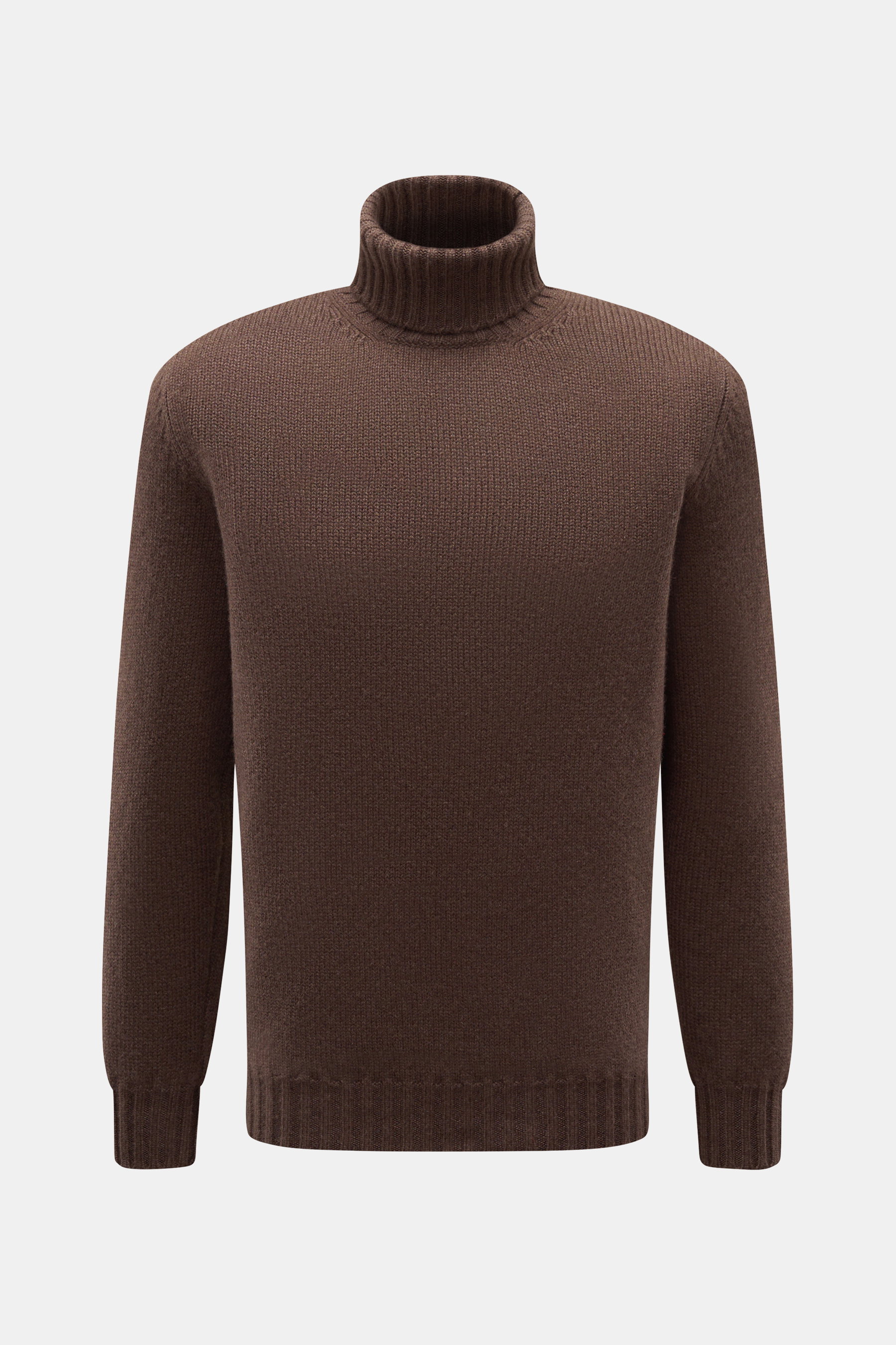 Fedeli Cashmere Rollkragenpullover dunkelbraun, Slim Fit, mittelfeines Strickbild, weicher Griff, reiner Cashmere, Rippstrick-Rollkragen, flexible Rippbündchen, Frontalaufnahme.