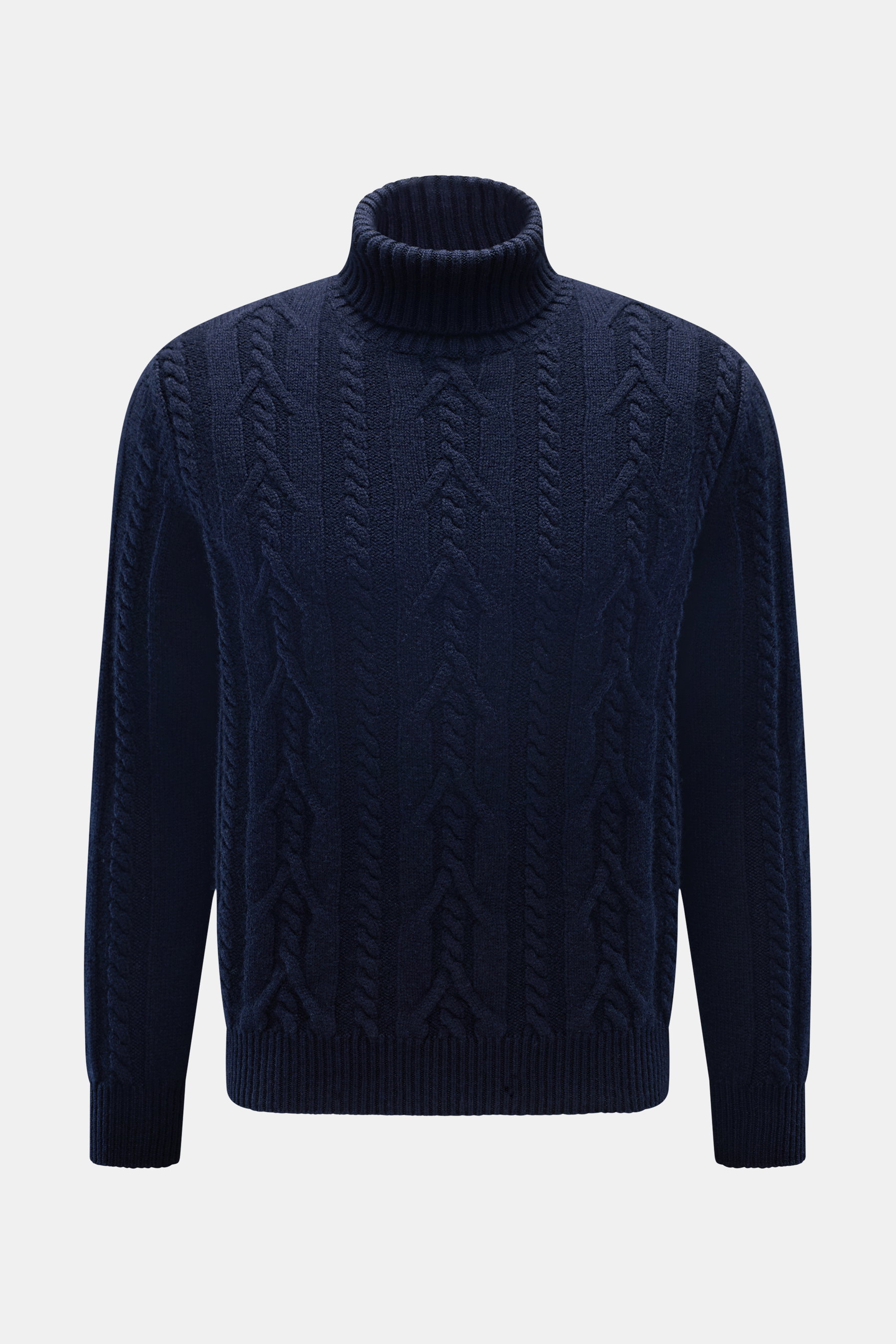 Fedeli Cashmere Rollkragenpullover 'Moena' navy, frontal fotografiert, mit grobem Zopfstrickmuster, Slim Fit, anliegendem Rollkragen und Rippbündchen aus reinem, weichem Cashmere.