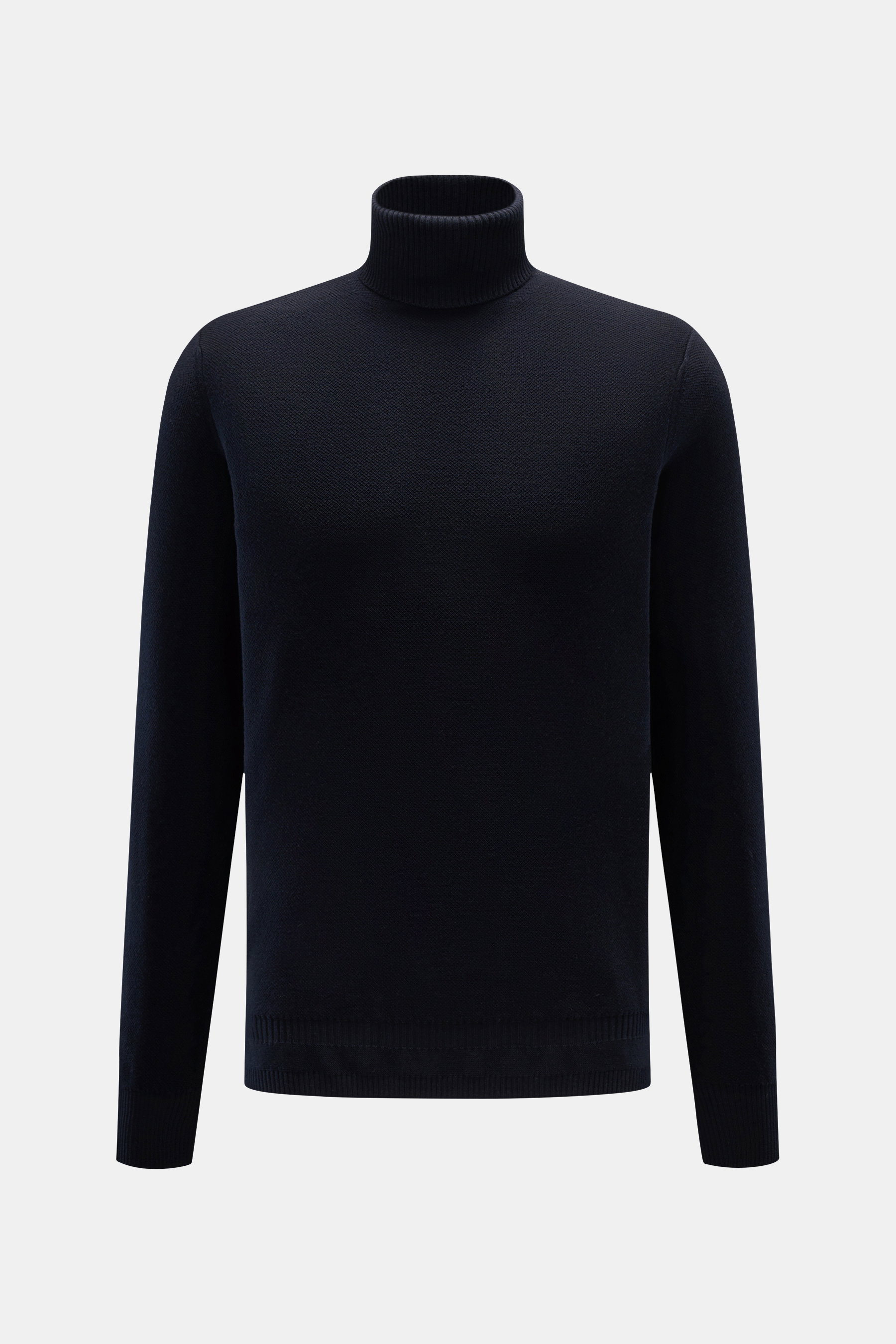 Colombo Rollkragenpullover navy, frontal fotografiert, aus reiner Kid Wool mit weichem Griff, feinem Strukturstrick, Regular Fit, anliegendem Rollkragen und flexiblen Rippbündchen.