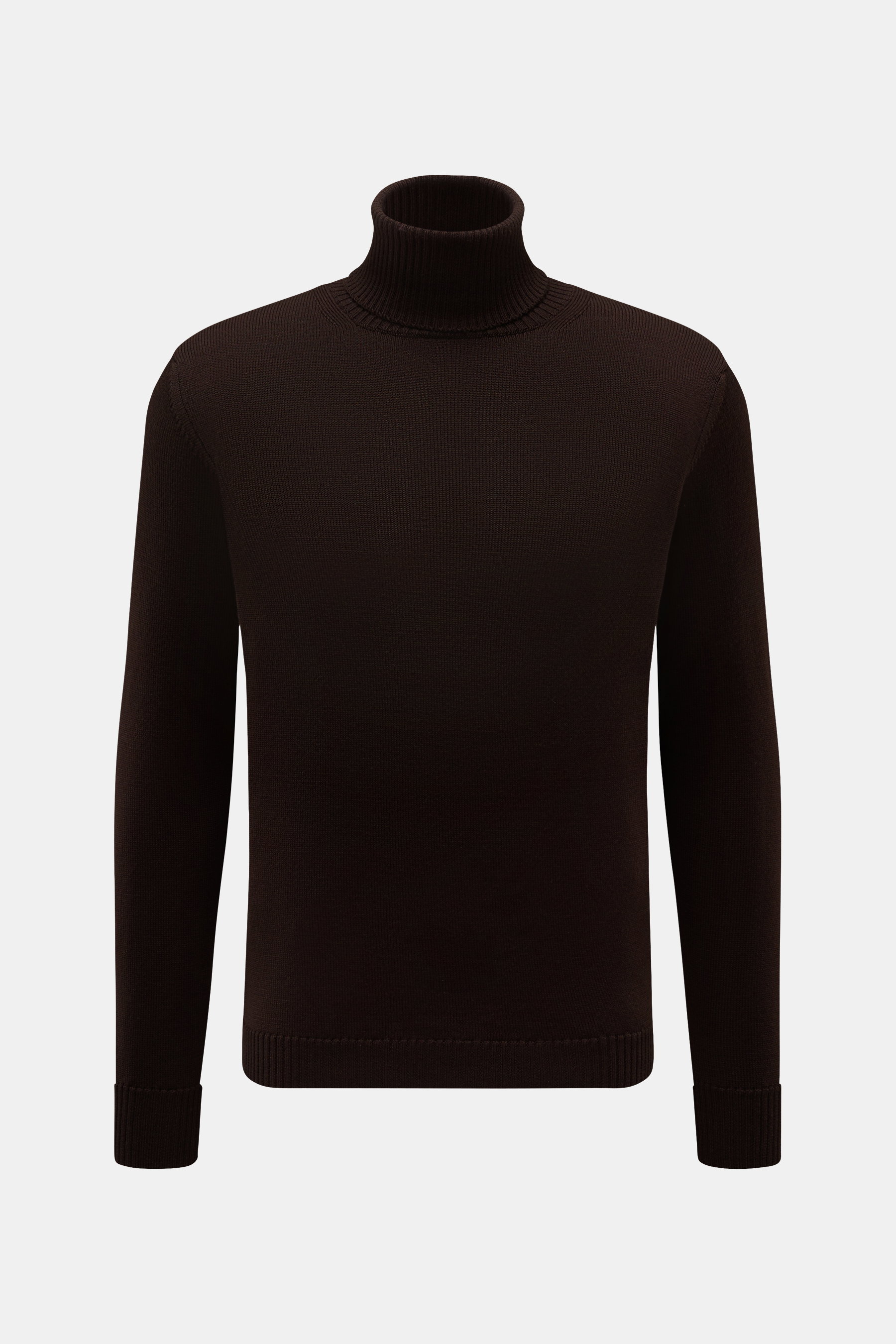 B.F. Knitwear Merino Rollkragenpullover dunkelbraun, Slim Fit mit anliegendem Rollkragen, weiche Merinowolle, mittelfeines Strickbild, von vorne fotografiert.