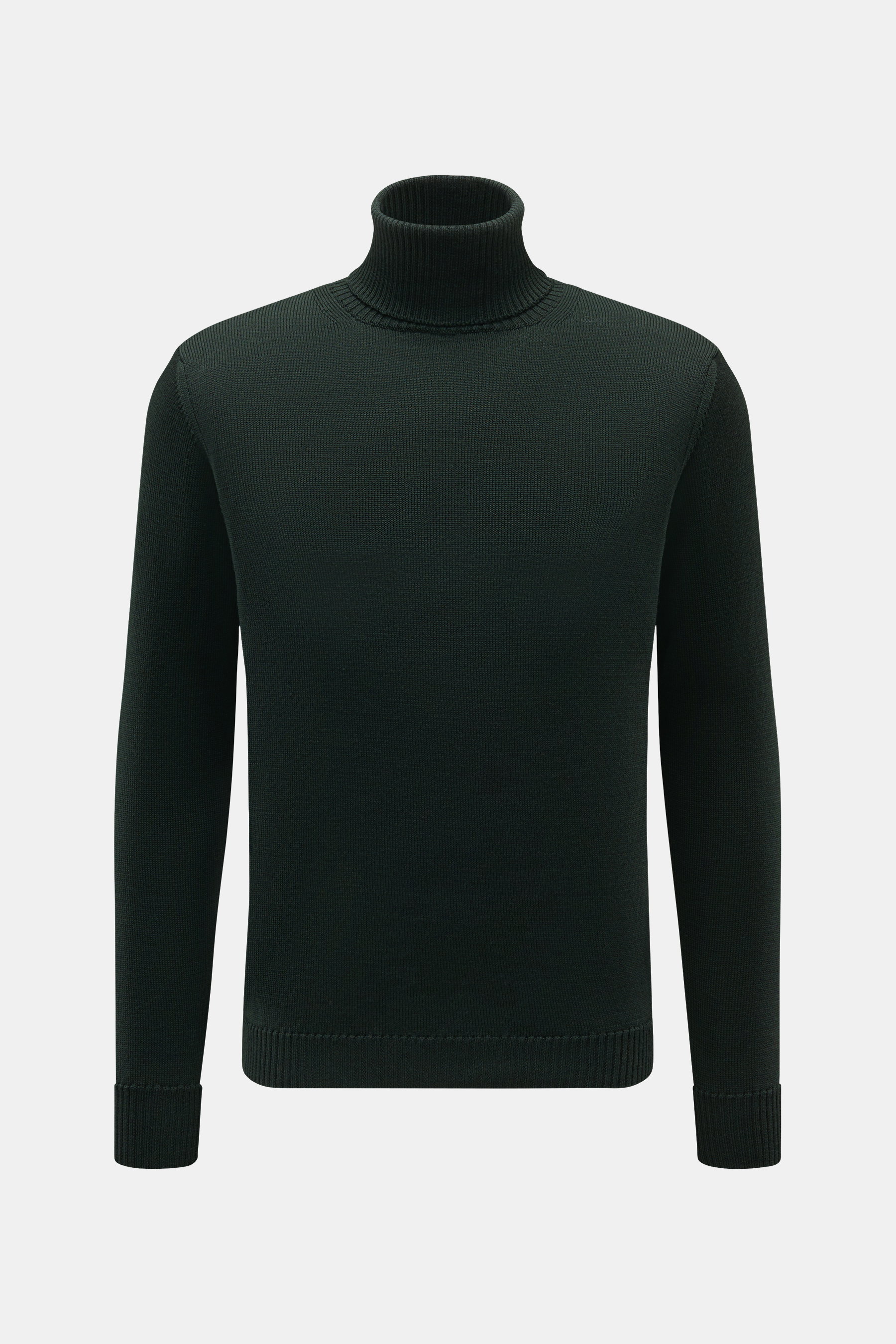 B.F. Knitwear Merino Rollkragenpullover dunkelgrün, Slim Fit, aus reiner Merinowolle mit weichem Griff, mittelfeinem Strickbild, Rippbündchen, frontal fotografiert.