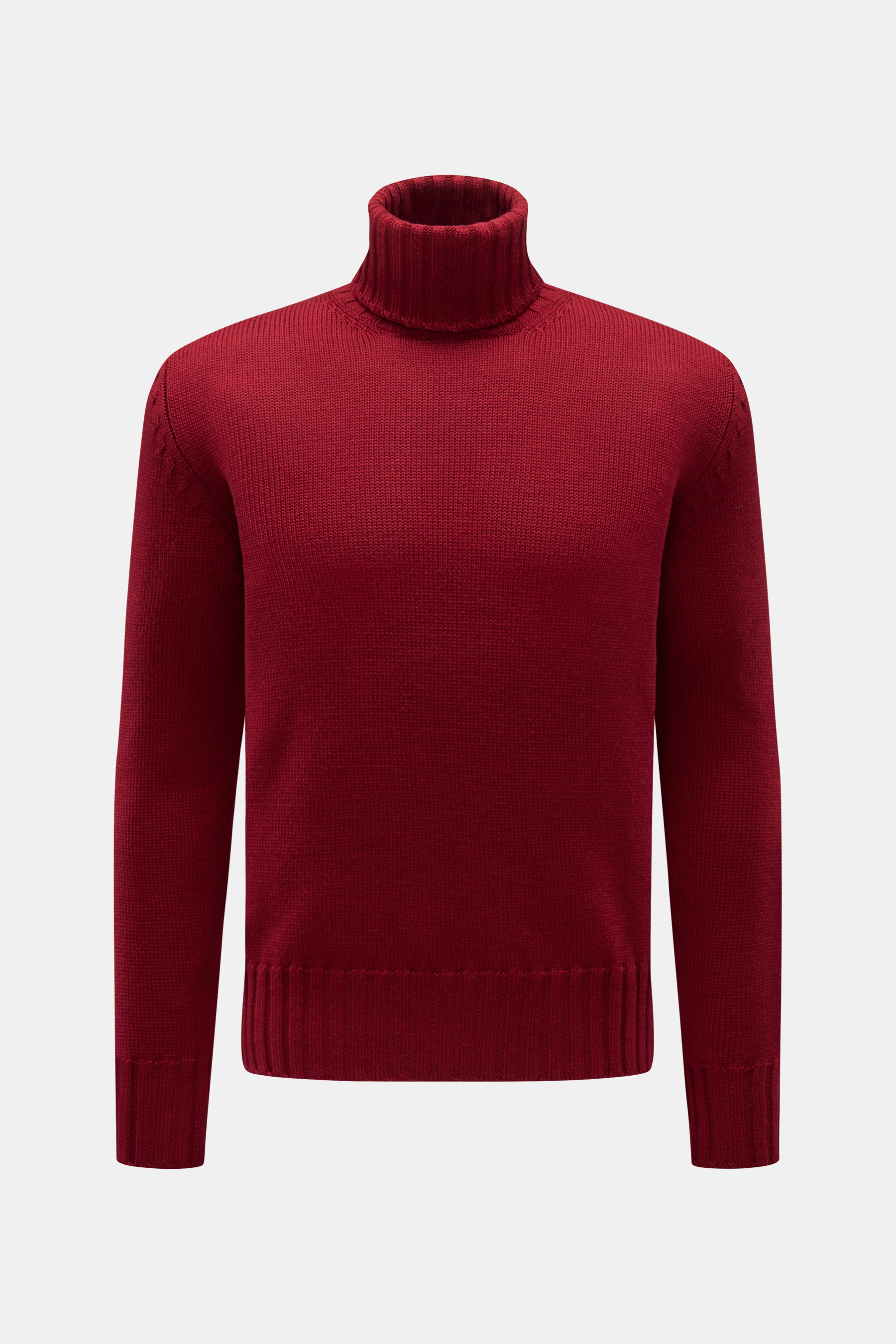 B.F. Knitwear Merino Rollkragenpullover dunkelrot, frontale Ansicht, Slim Fit, reine Merinowolle, weicher Griff, fully fashioned, mittelgrobes Strickbild, gerippter Rollkragen, flexible Rippbündchen.