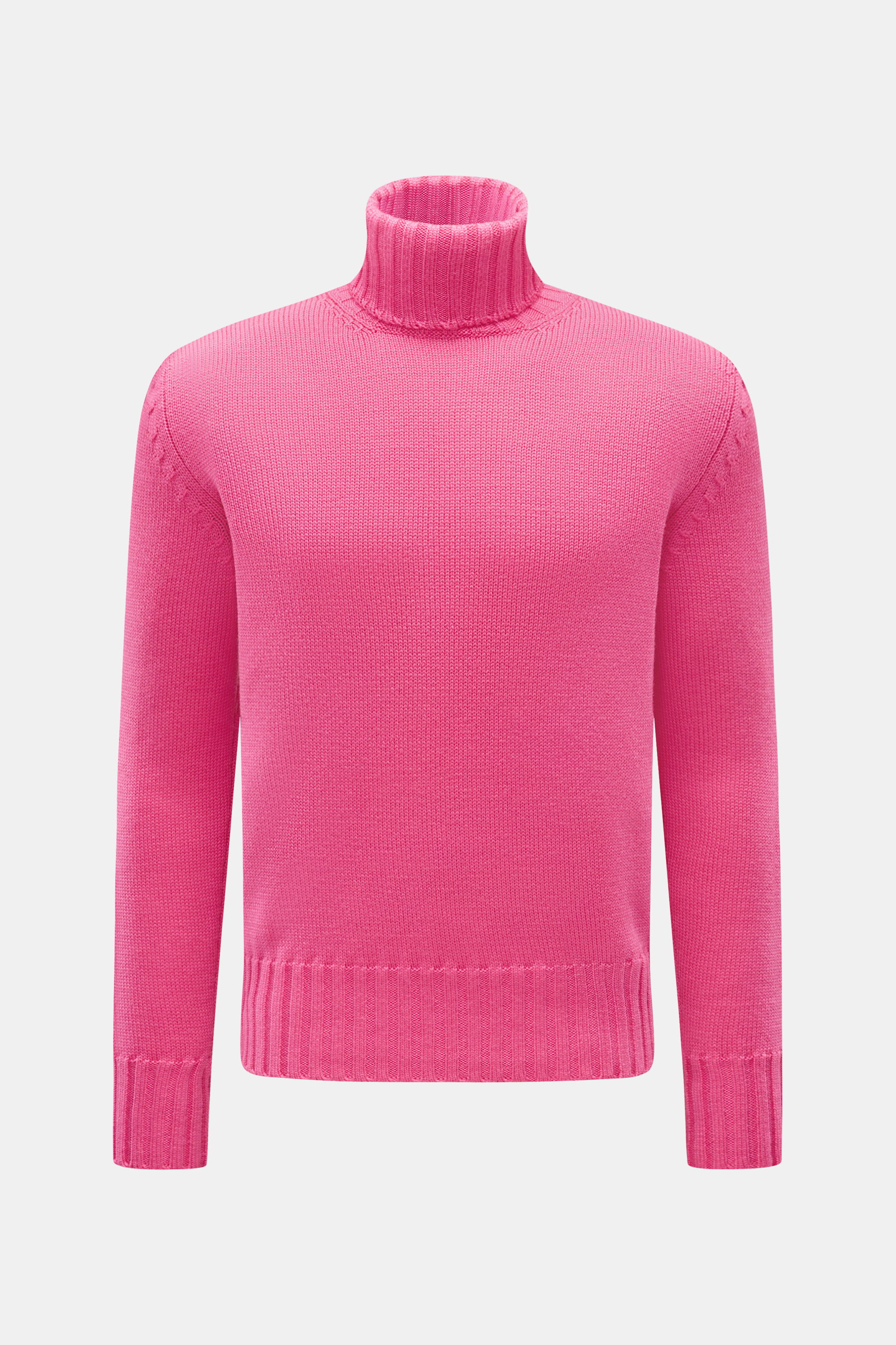 B.F. Knitwear Merino Rollkragenpullover magenta von vorne, reine Merinowolle, weicher Griff, fully fashioned, mittelgrobes Strickbild, Slim Fit, gerippter Rollkragen, flexible Rippbündchen.