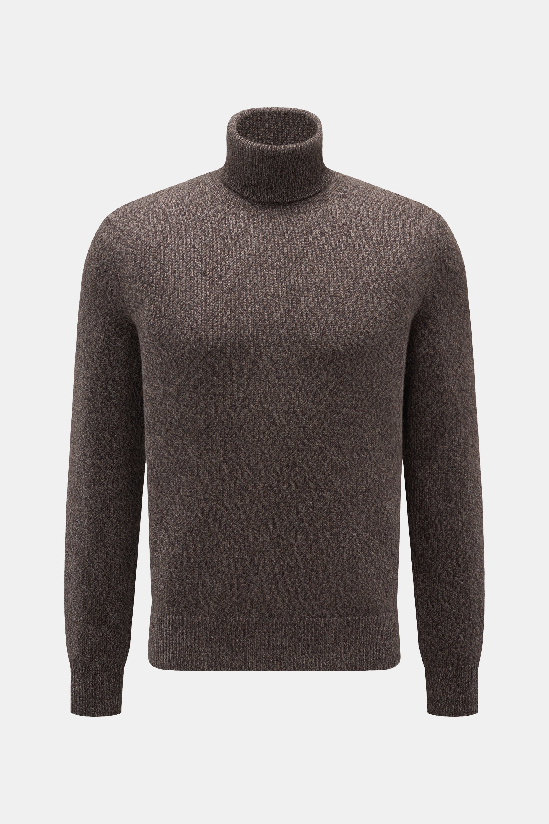 Agnona Cashmere Rollkragenpullover graubraun meliert, Slim Fit, mittelfeines Strickbild, reiner Cashmere, weicher Griff, flexible Rippbündchen, kleines Metall-Logo, Frontalansicht.