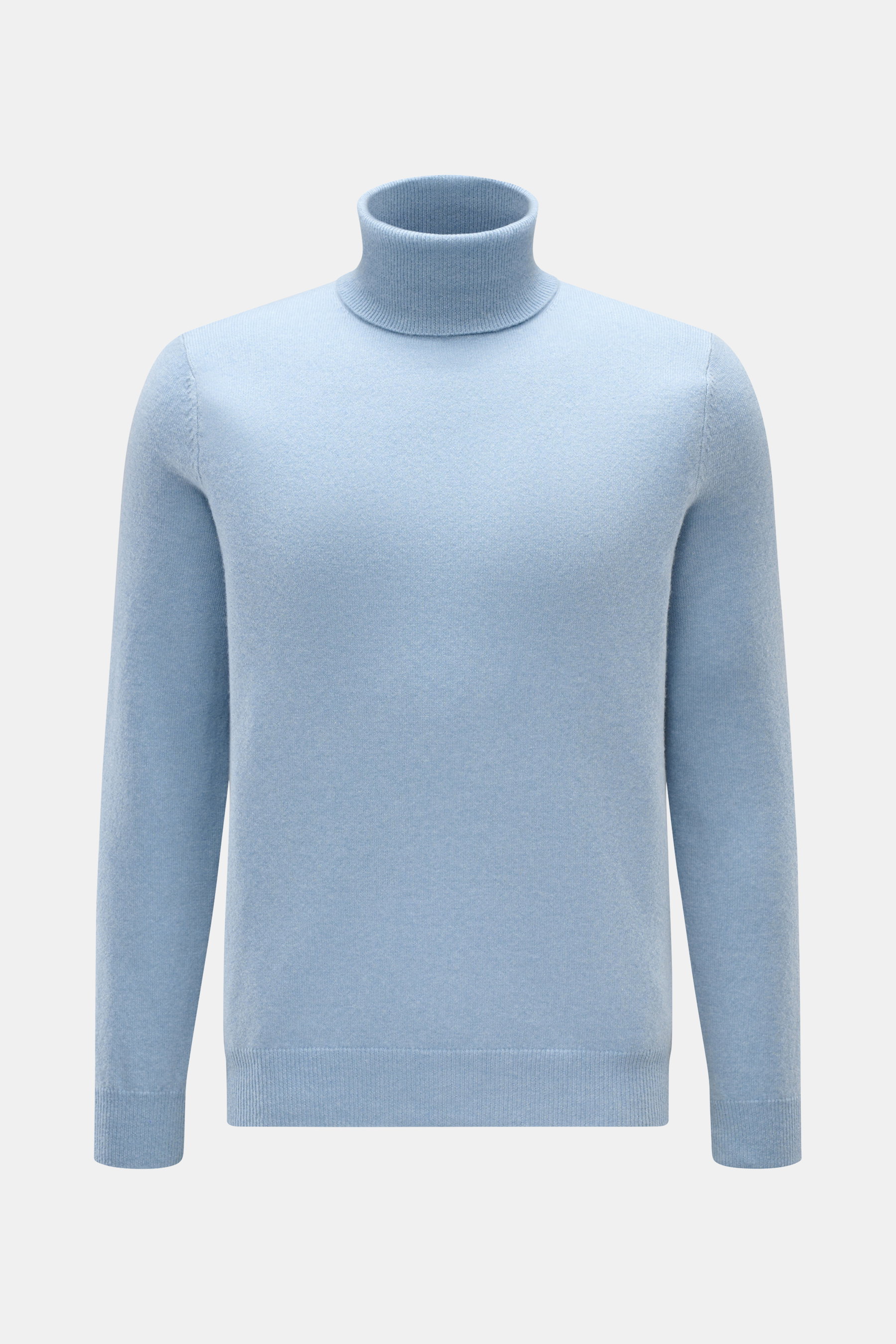 FTC Cashmere Rollkragenpullover hellblau meliert in Slim Fit, frontal fotografiert, mit weichem Griff, feinem Strickbild, Rippkragen und Rippbündchen.