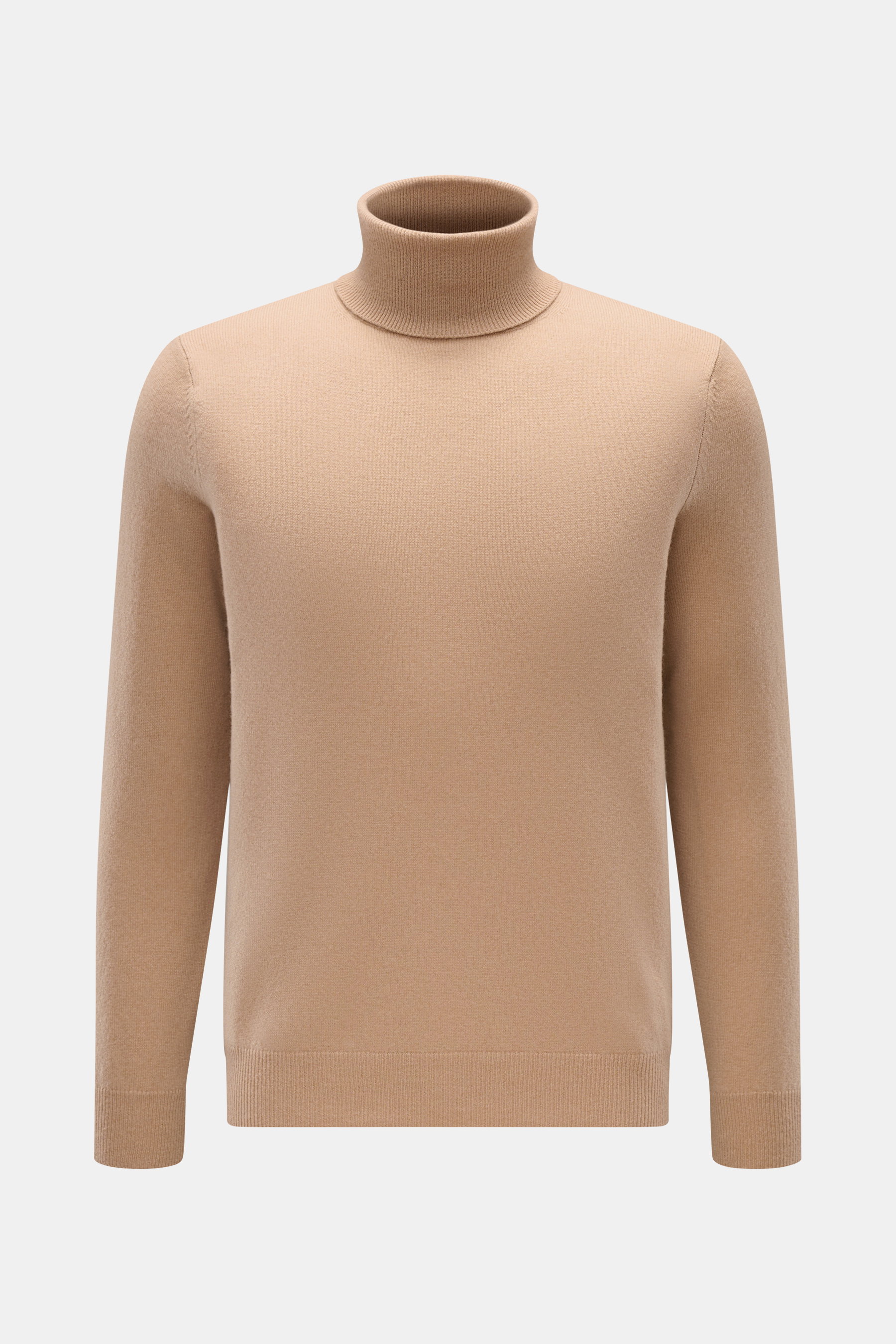 Beige FTC Cashmere Rollkragenpullover in Slim Fit, feines Strickbild, weicher Griff, Rippstrick-Kragen und Rippbündchen, frontale Perspektive.