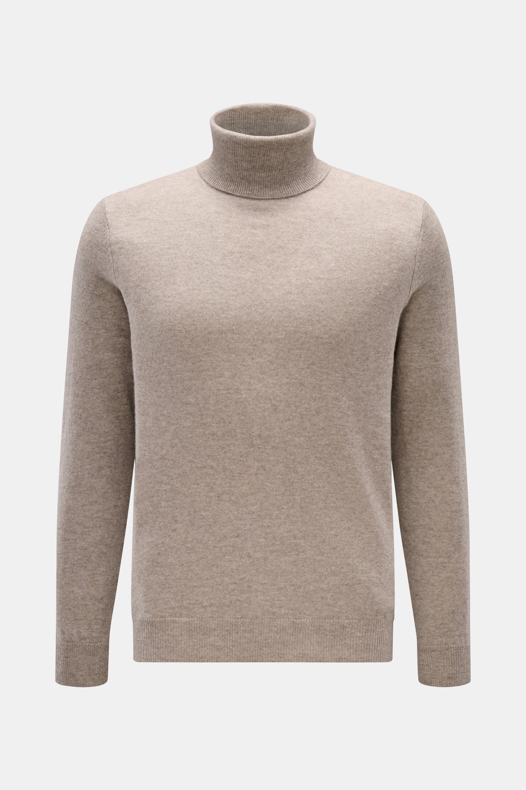 FTC Cashmere Rollkragenpullover taupe meliert in Slim Fit, frontal fotografiert, aus reinem Cashmere mit weichem Griff, feinem Strickbild, Ripprollkragen und Rippbündchen.