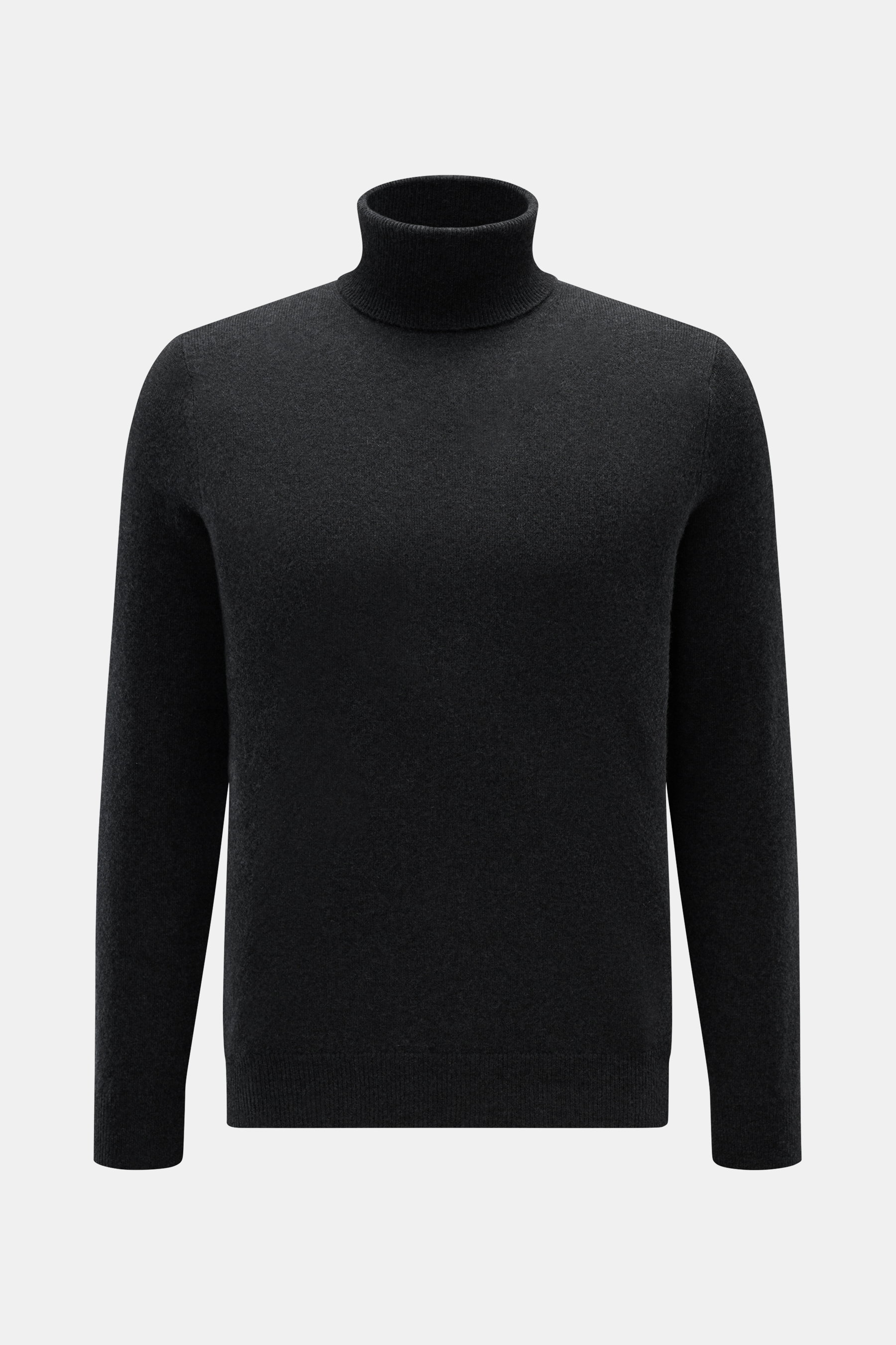 FTC Cashmere Rollkragenpullover anthrazit, frontal fotografiert, Slim Fit, reiner Cashmere, weicher Griff, feines Strickbild, Rippstrick-Rollkragen, Rippbündchen.
