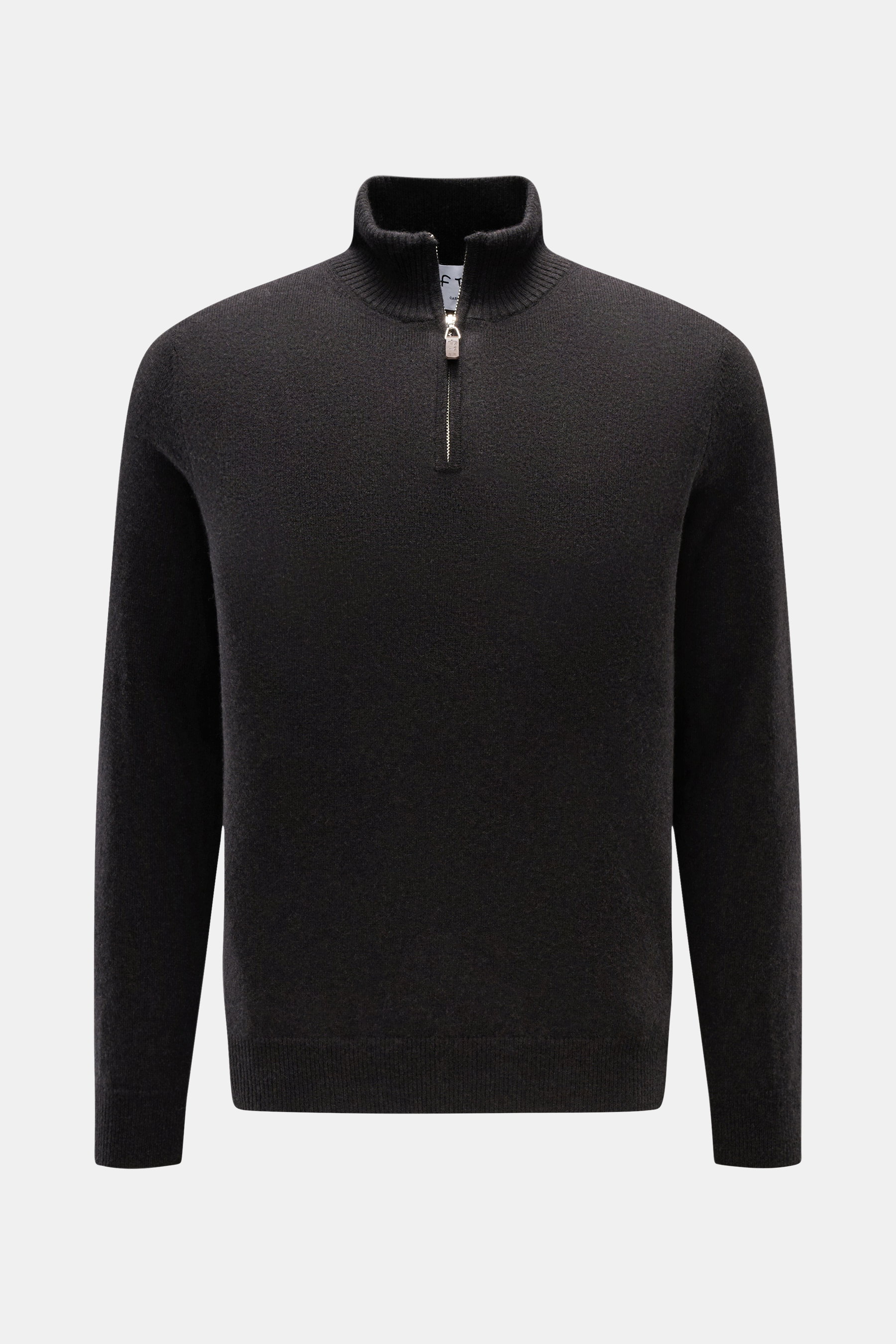 FTC Cashmere Troyer dunkelbraun meliert in Slim Fit, feines Strickbild, Troyer-Kragen mit Reißverschluss, weicher Griff, Rippbündchen, Frontansicht.
