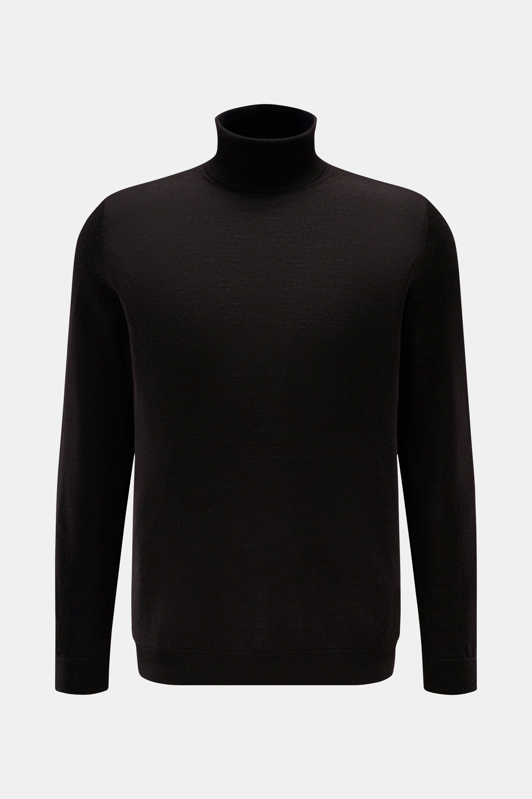 FTC Feinstrick-Rollkragenpullover dunkelbraun, slim Fit, aus Cashmere und Lyocell, feines Strickbild, Rippstrickkragen, Rippbündchen, Vorderansicht.