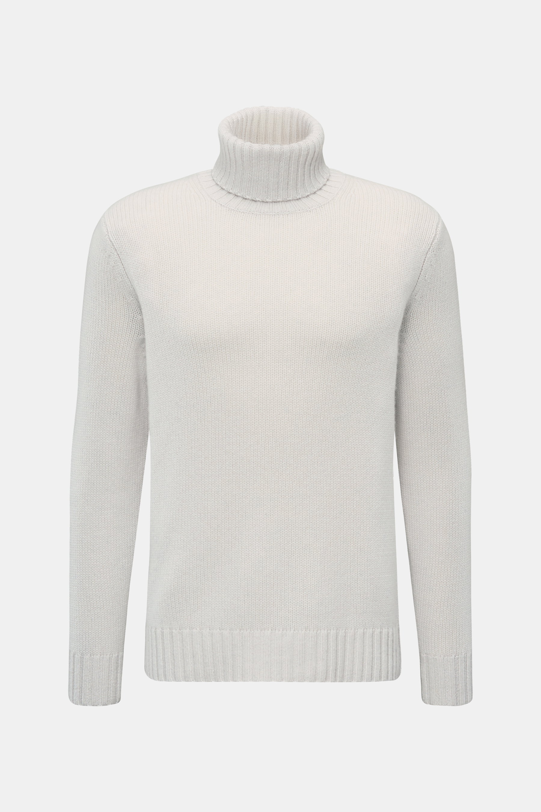 FTC Cashmere Rollkragenpullover hellgrau, frontal fotografiert, Slim Fit mit mittelfeinem Strickbild, anliegendem Rollkragen, reiner Cashmere, sehr weich, komfortable Rippbündchen.