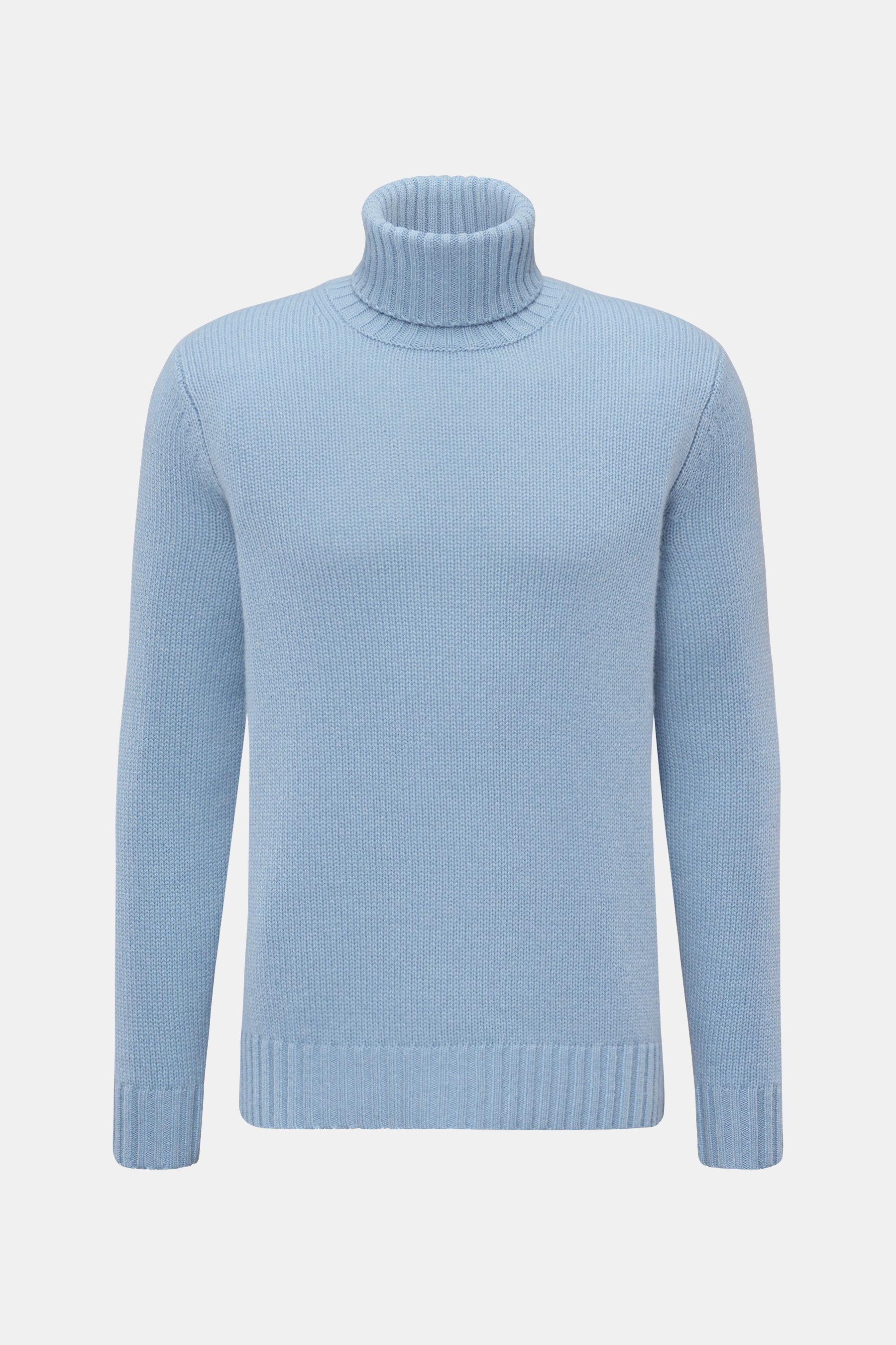 FTC Cashmere Rollkragenpullover hellblau, frontal fotografiert, Slim Fit, reiner Cashmere, sehr weich, mittelfeines Strickbild, anliegender Rollkragen, Rippbündchen.