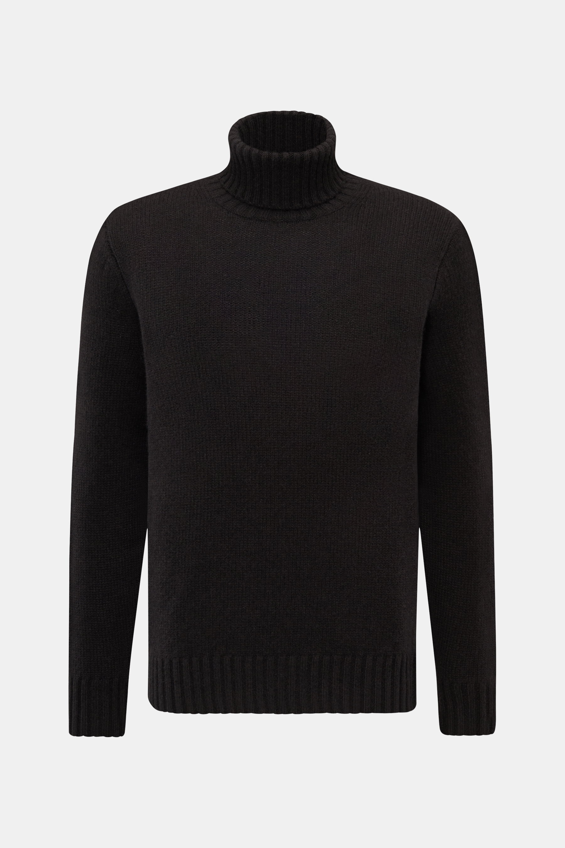 FTC Cashmere Rollkragenpullover dunkelbraun, Slim Fit, reiner Cashmere, mittelfeines Strickbild, anliegender Rollkragen, Rippbündchen, frontal fotografiert.