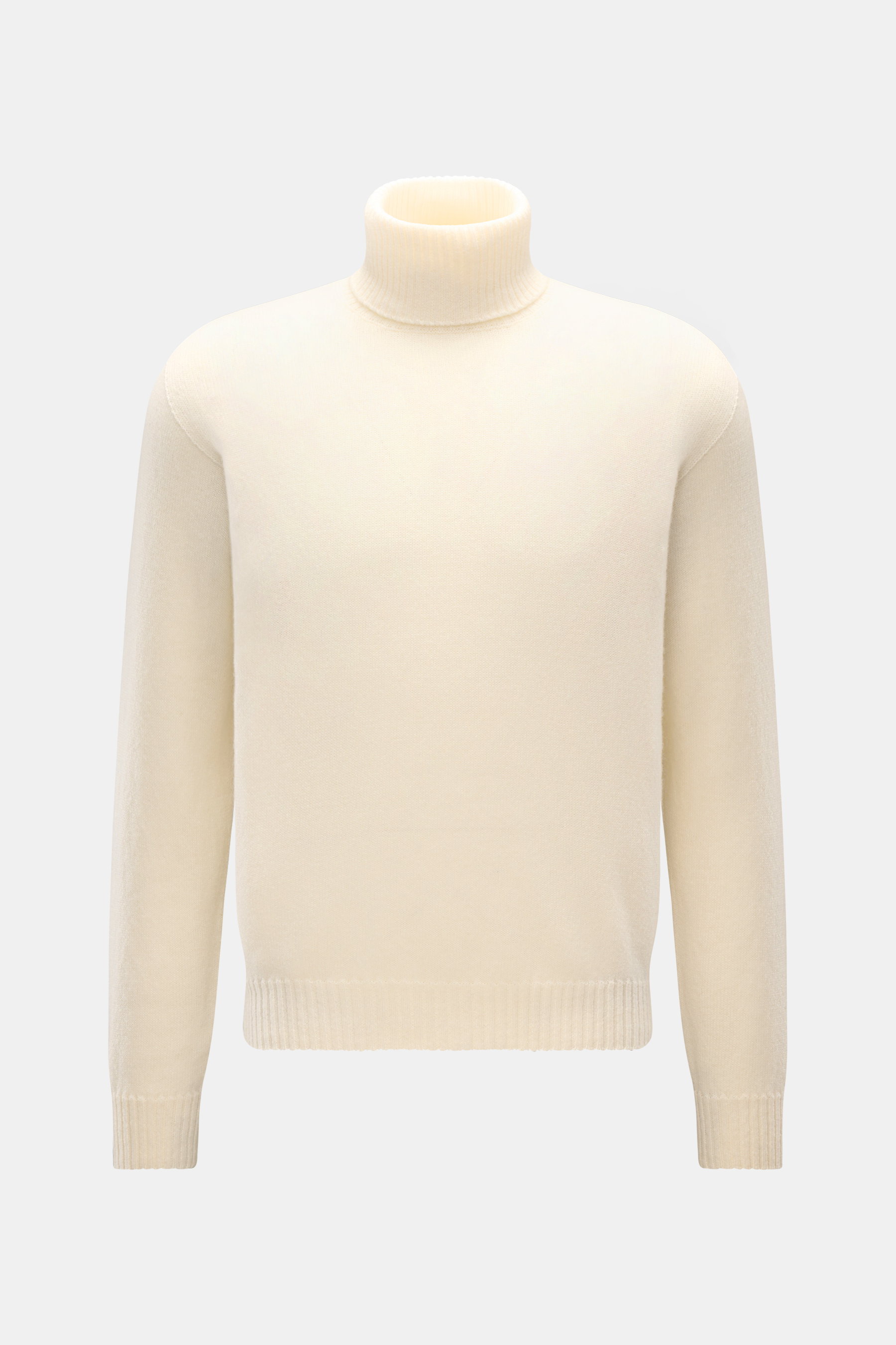 Frontale Nahaufnahme des cremefarbenen 04651/ A trip in a bag Cashmere Rollkragenpullovers aus 100% reinem Cashmere, Regular Fit, mit weichem Griff, feinem Strickbild, Rollkragen und Rippbündchen.