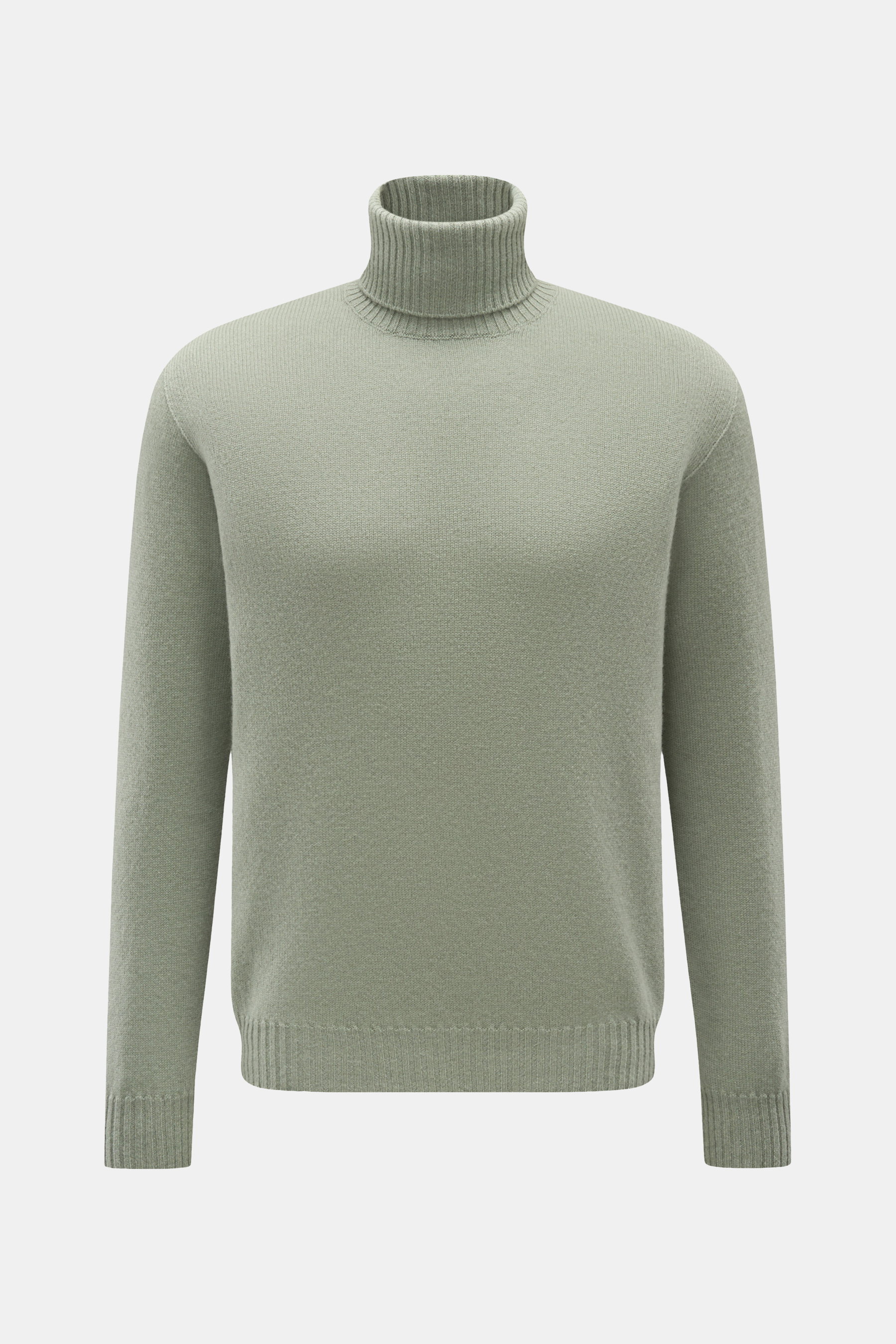 Frontale Aufnahme des graugrünen 04651/ A trip in a bag Cashmere Rollkragenpullovers mit feinem Strickbild, Rollkragen in Rippstrick, Rippbündchen, Regular Fit und weichem Griff aus 100% Cashmere.