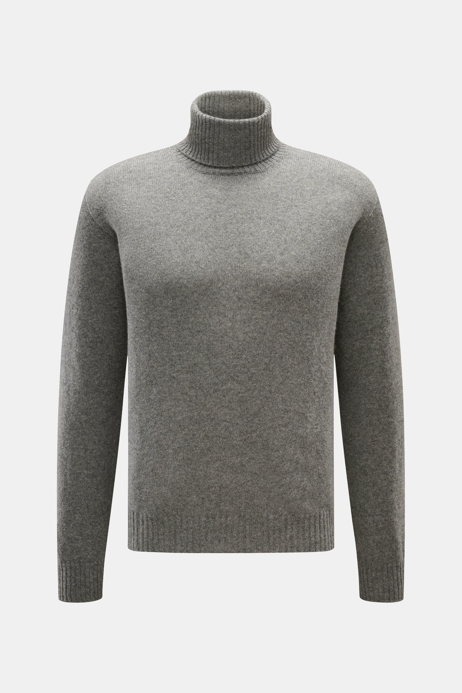 Frontale Nahaufnahme eines graumelierten 04651/ A trip in a bag Cashmere Rollkragenpullovers mit feinem Strickbild, Regular Fit, weichem Griff, Rippstrick-Rollkragen und komfortablen Rippbündchen, aus 100% Cashmere – zeitloser Komfort für Office und Allta