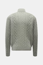 04651/ A trip in a bag Rollkragenpullover 'Mouline Cable Turtle' graugrün meliert, Rückansicht, voluminöses Zopfstrickmuster, Woll-Cashmere-Mix, Regular Fit, weicher Griff.