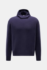 Front view of the 04651/ A trip in a bag Hooded jumper dark blue, a wool-cashmere blend with turtleneck hood, soft medium-fine knit, regular fit, wide ribbed bands, and high shawl collar providing reliable warmth.