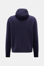 Rear view of the 04651/ A trip in a bag Hooded jumper dark blue, showcasing its medium-fine knit, soft wool-cashmere blend, wide ribbed bands, and high shawl collar with hood.

<p>Provides reliable warmth: This hooded jumper from 04651/ A TRIP IN A BAG, w