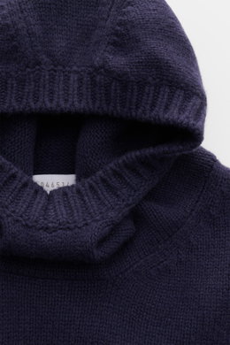 Close-up front view of the hood and high shawl collar of the 04651/ A trip in a bag Hooded jumper dark blue, showcasing its medium-fine knit texture and wide ribbed bands. <p>Provides reliable warmth: This hooded jumper from 04651/ A TRIP IN A BAG, with i
