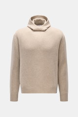 Front view of the 04651/ A trip in a bag Hooded jumper beige mottled, a soft wool and cashmere blend jumper with turtleneck hood, wide ribbed bands, medium-fine knit, and regular fit, providing reliable warmth and comfort on cooler days.