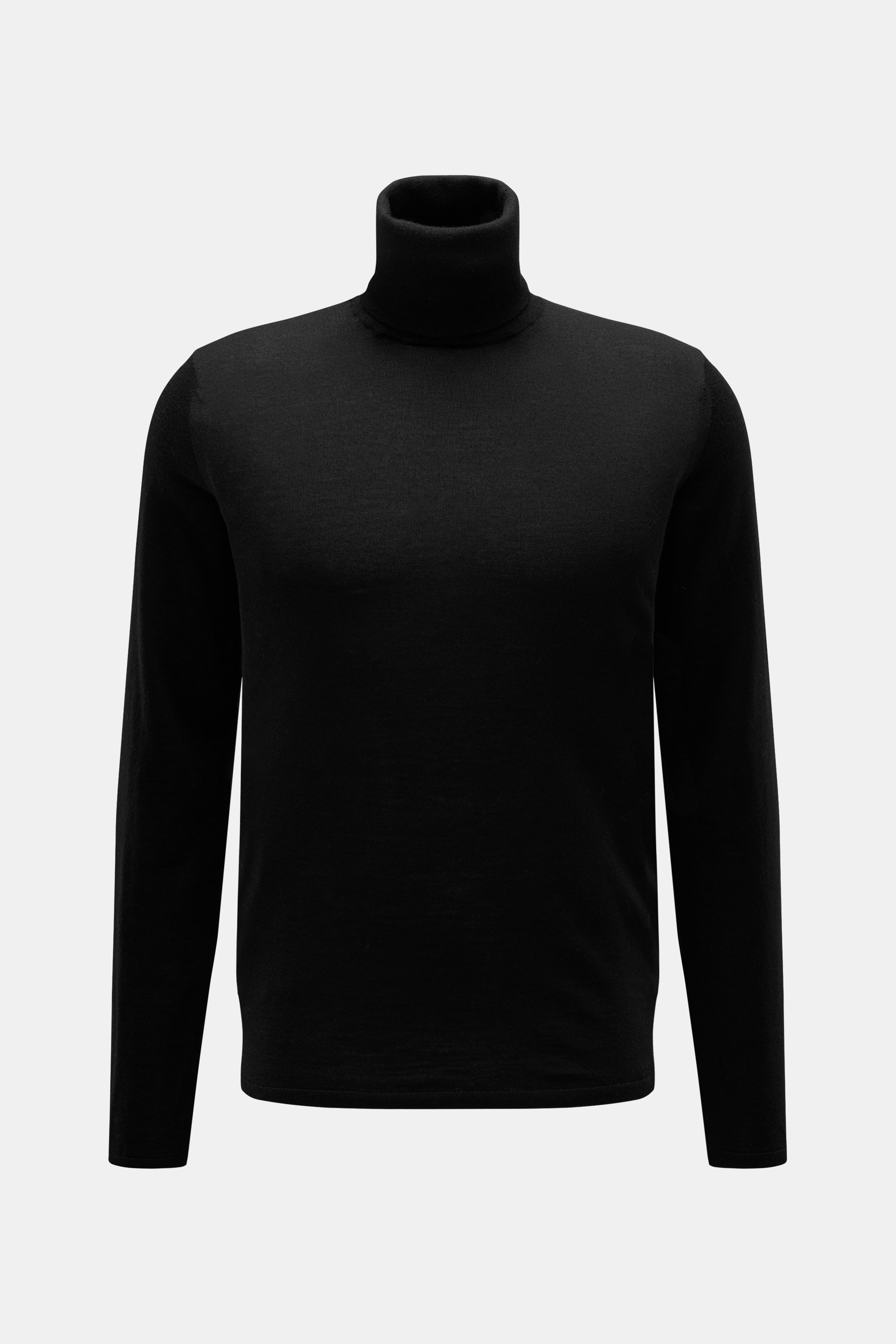 Kiefermann Merino Feinstrick-Rollkragenpullover 'Theor' schwarz, slim Fit, weicher Griff, feines Strickbild, schmaler Rollkragen, frontal fotografiert.