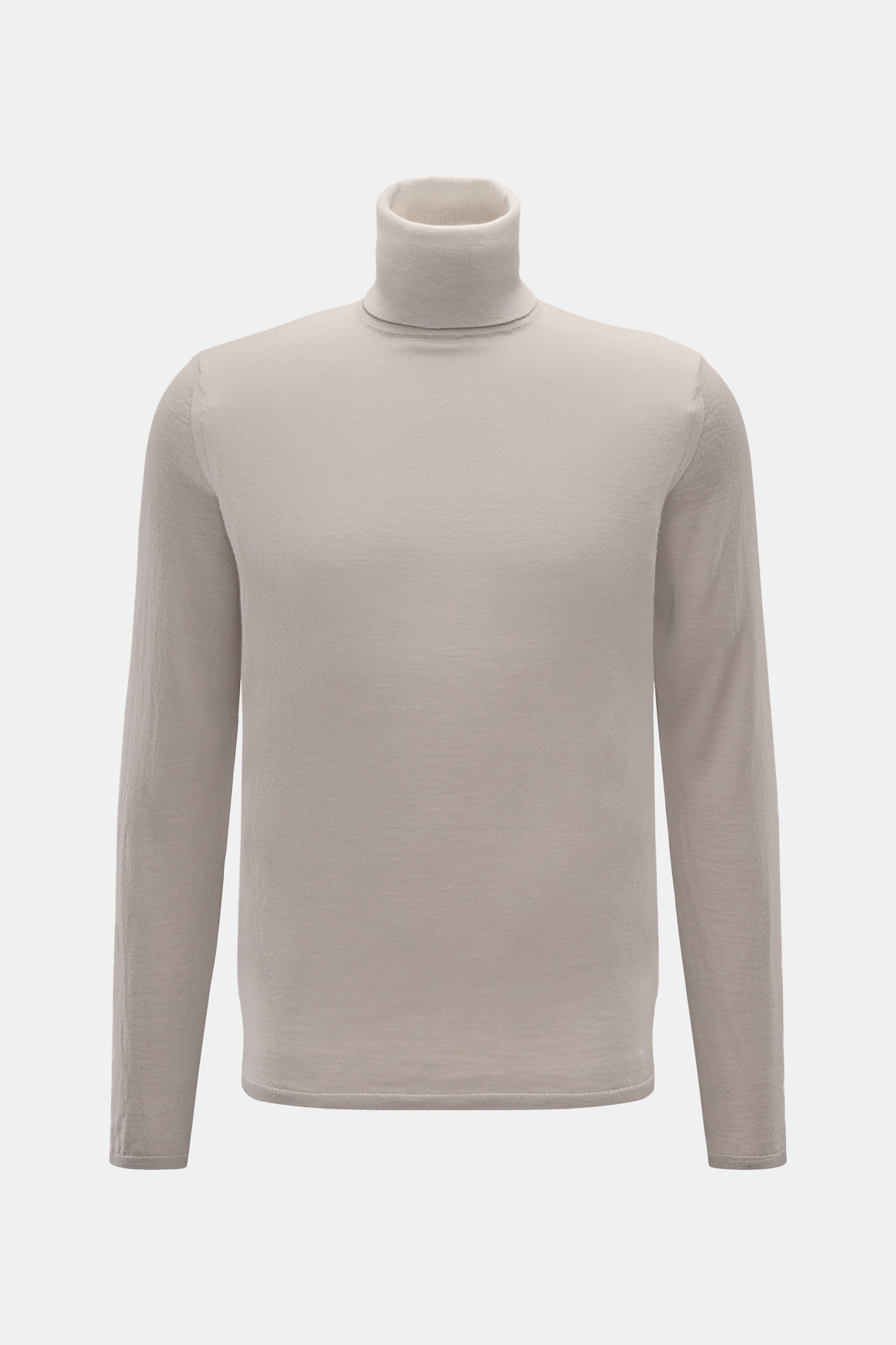 Kiefermann Merino Feinstrick-Rollkragenpullover 'Theor' hellgrau, frontal fotografiert, Slim Fit, weicher Griff, feines Strickbild, schmaler Rollkragen.