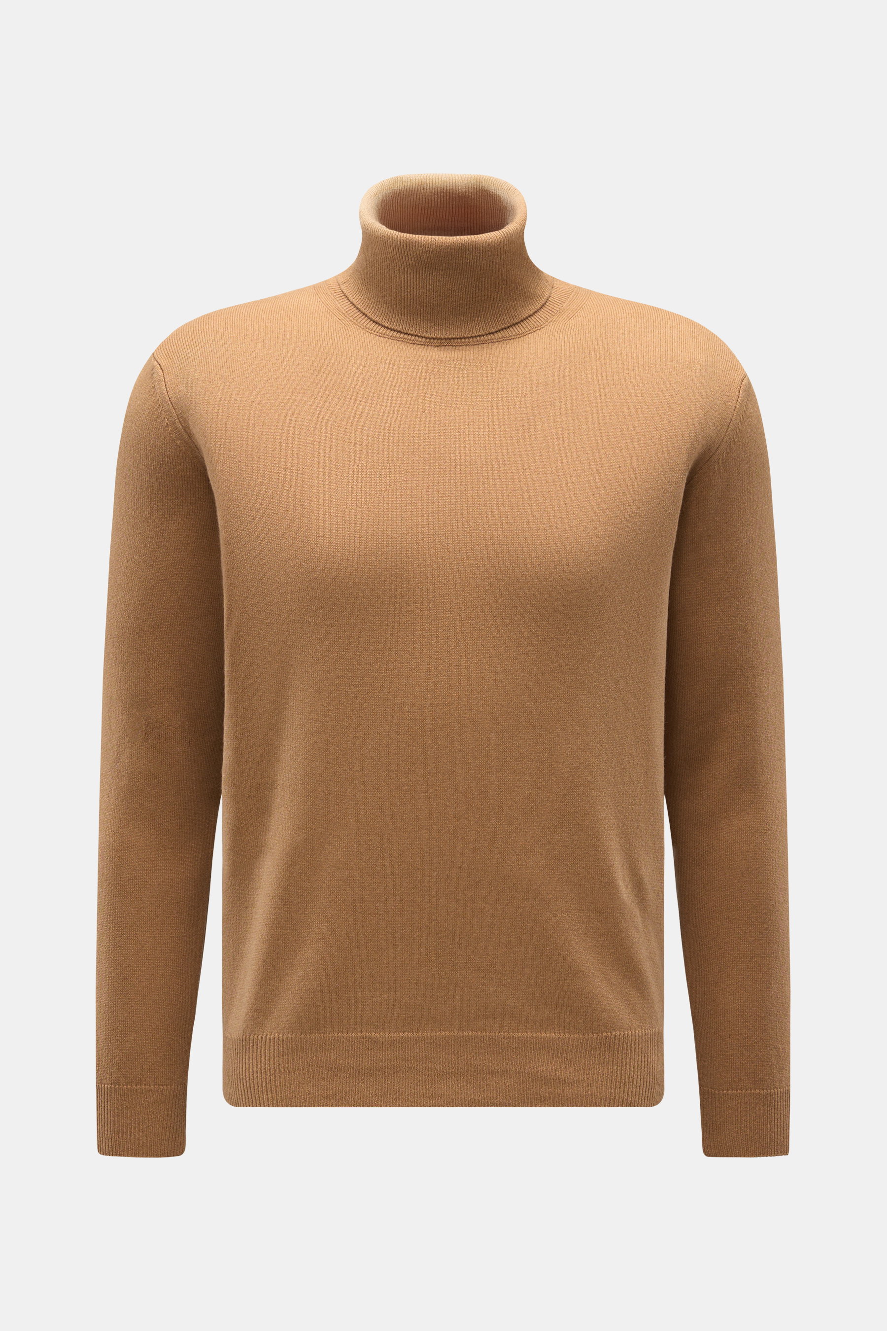 Moorer Rollkragenpullover 'Todi' camel, frontal fotografiert, Slim Fit mit anliegendem Rollkragen, feinem Strickbild, flexible Rippbündchen, weich dank Cashmere-Seide-Mix.