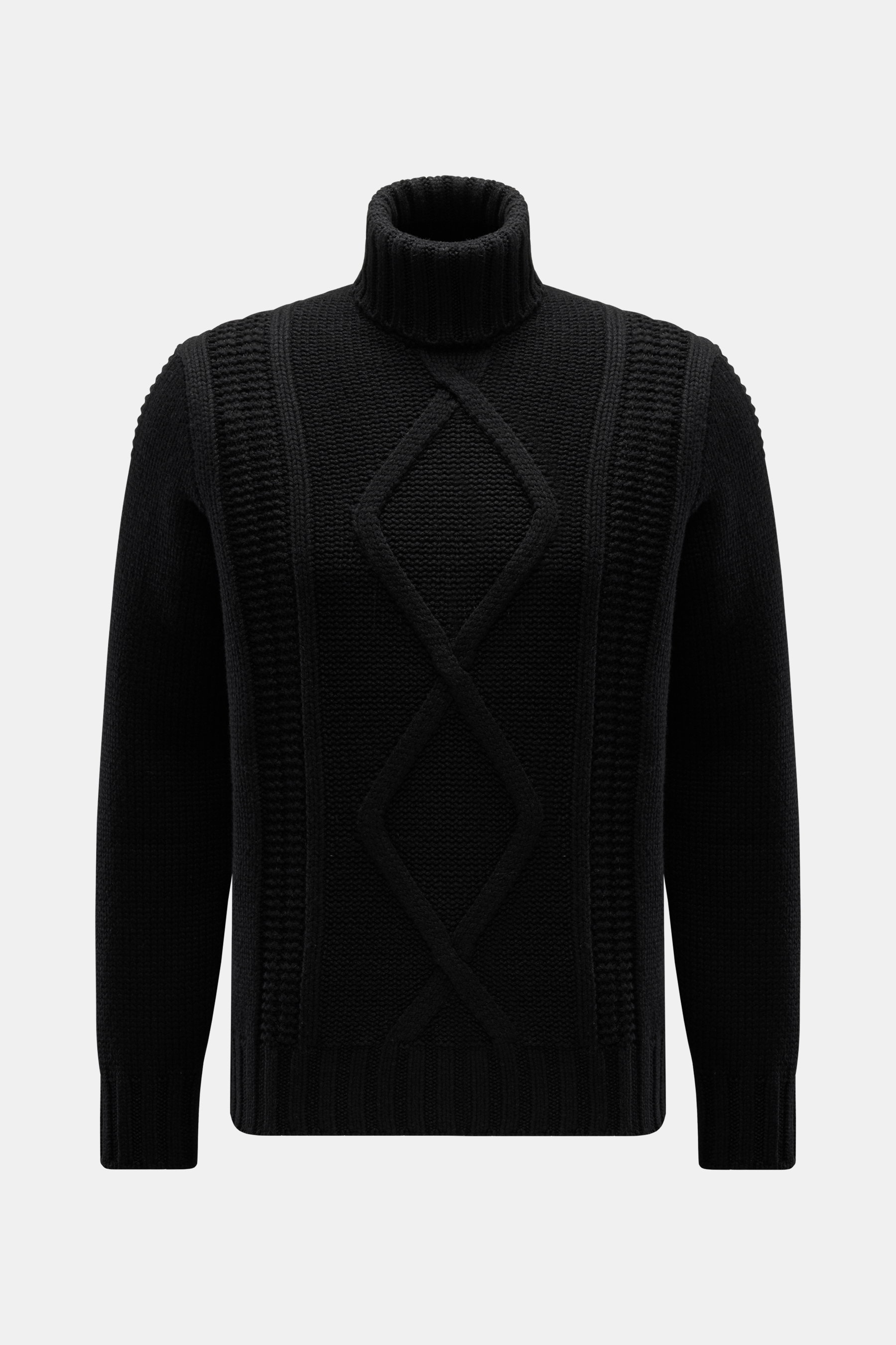 Brunello Cucinelli Cashmere Rollkragenpullover schwarz, frontal fotografiert, Zopfstrick-Design, weicher Griff, Regular Fit, Rippkragen und Rippbündchen, mittelgrobes Strickbild, reiner Cashmere.