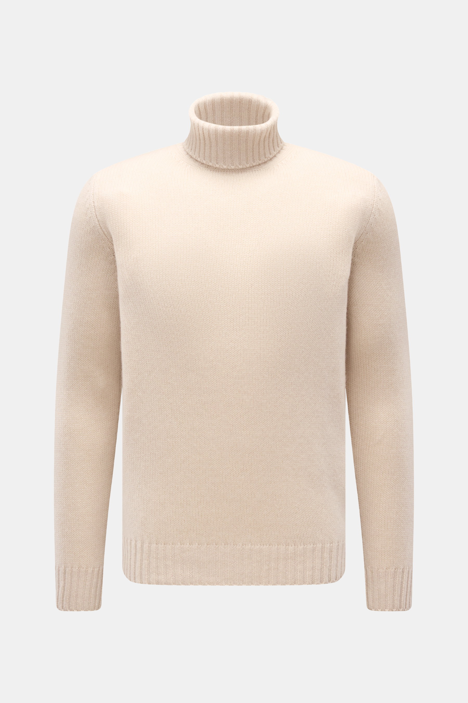 Bruno Manetti Cashmere Rollkragenpullover creme, Slim Fit, mittelfeines Strickbild, weicher Griff, reiner Cashmere, Rippbündchen, frontal fotografiert.