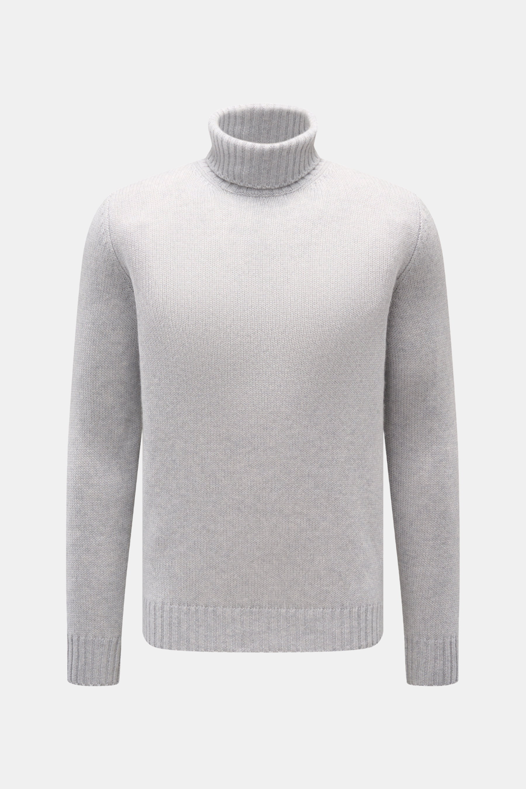 Bruno Manetti Cashmere Rollkragenpullover hellgrau meliert, frontal fotografiert, Slim Fit, weicher Griff, mittelfeines Strickbild, 100% reiner Cashmere, anliegender Rollkragen, komfortable Rippbündchen, zeitloses Winter-Essential.